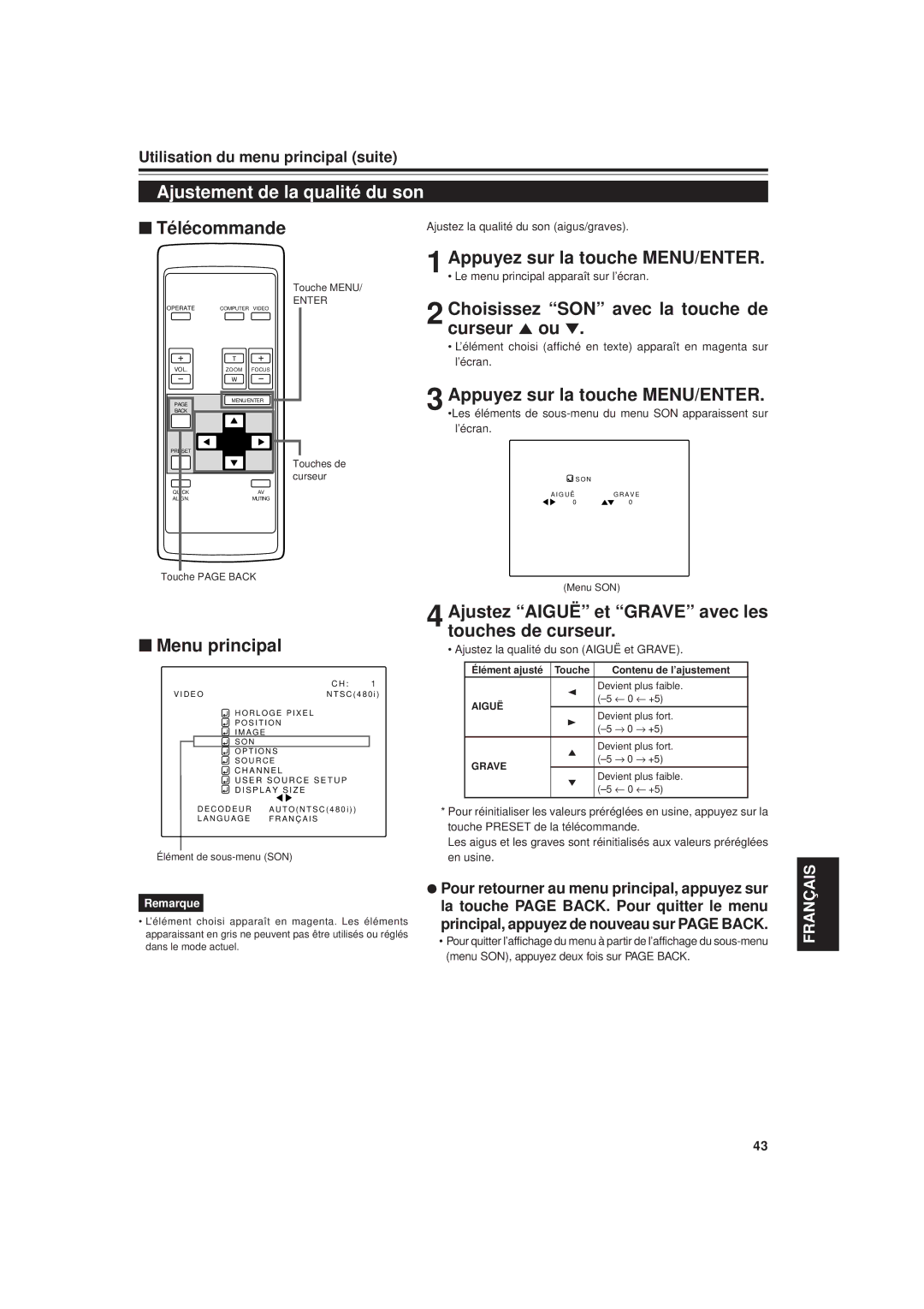 JVC DLA-G20U manual Ajustement de la qualité du son, Curseur 5 ou ∞, Ajustez Aiguë et Grave avec les touches de curseur 