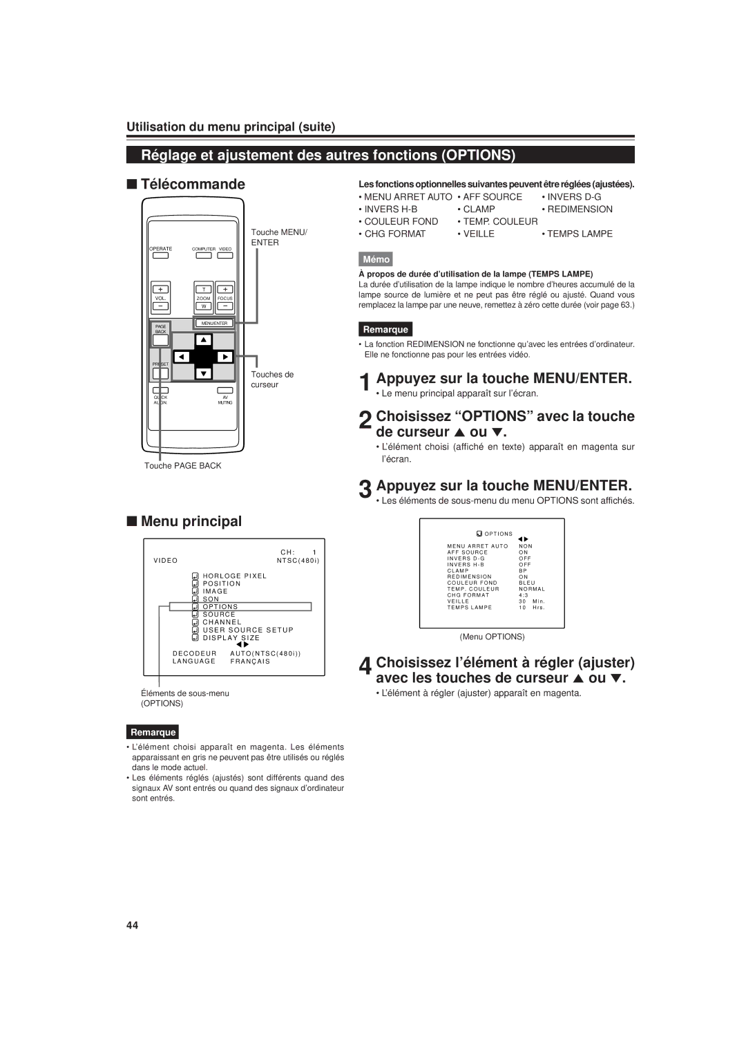 JVC DLA-G20U manual Réglage et ajustement des autres fonctions Options, Choisissez Options avec la touche de curseur 5 ou ∞ 