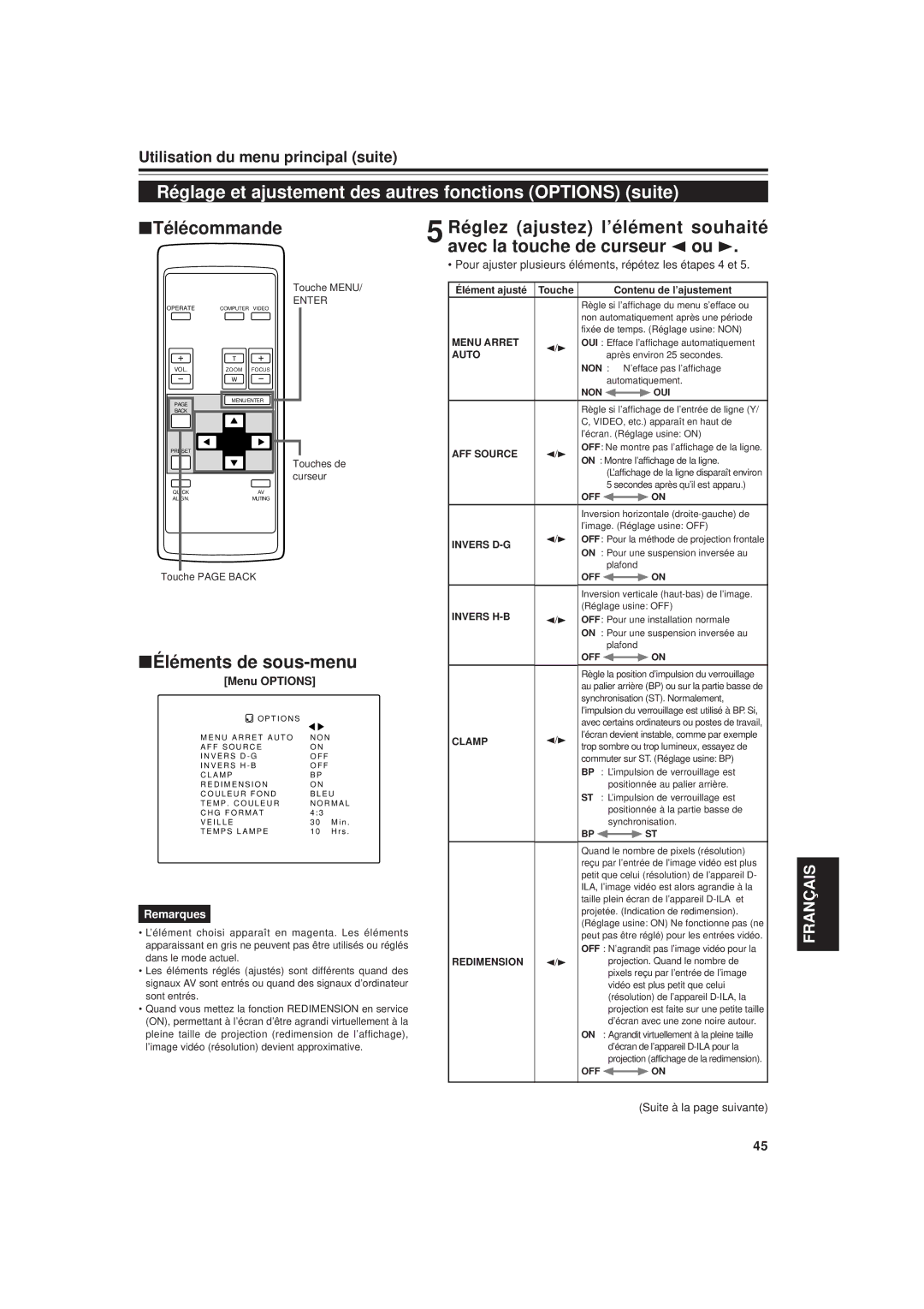 JVC DLA-G20U manual Réglage et ajustement des autres fonctions Options suite, Menu Options 