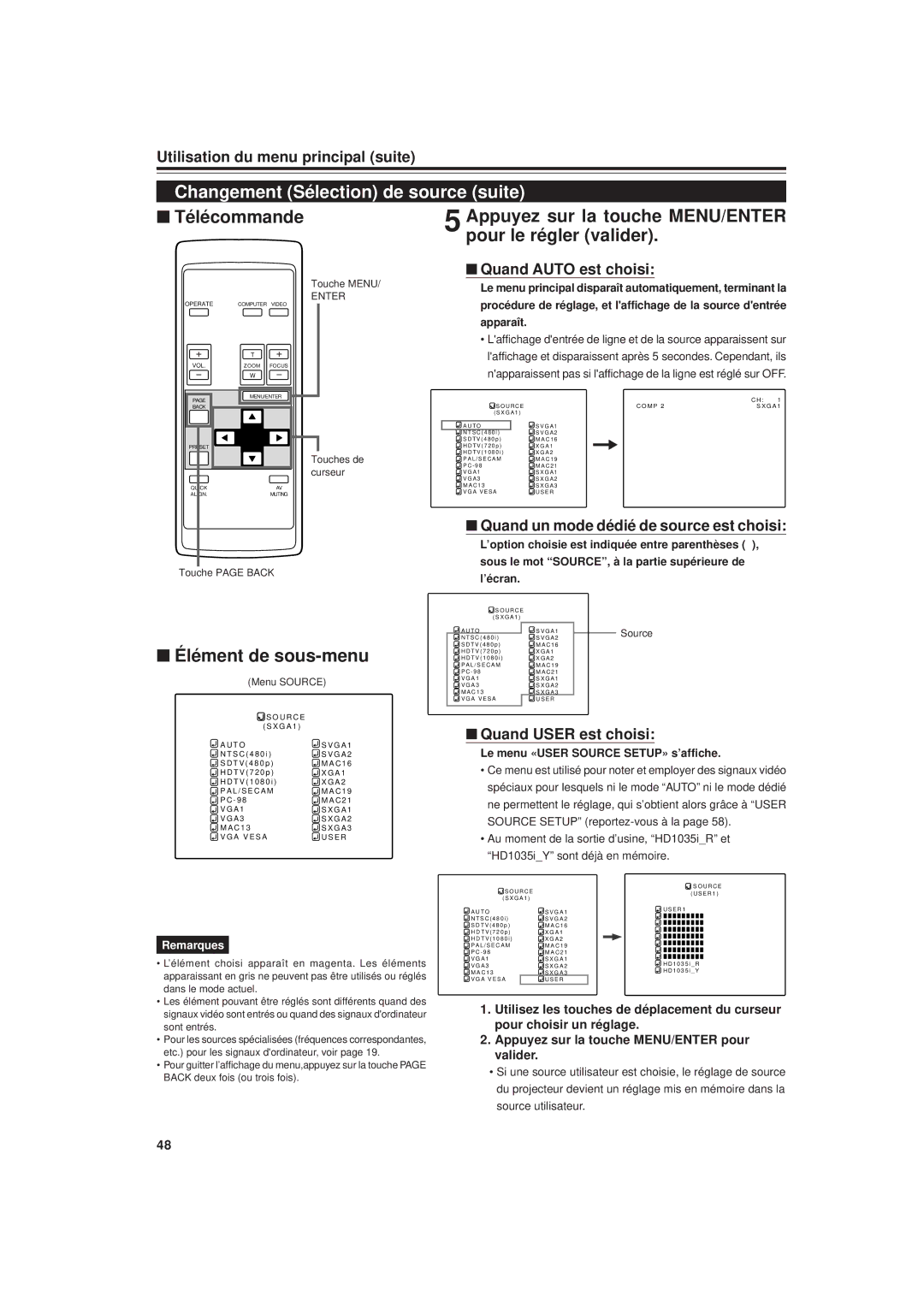 JVC DLA-G20U manual Changement Sélection de source suite, Appuyez sur la touche MENU/ENTER pour le régler valider 