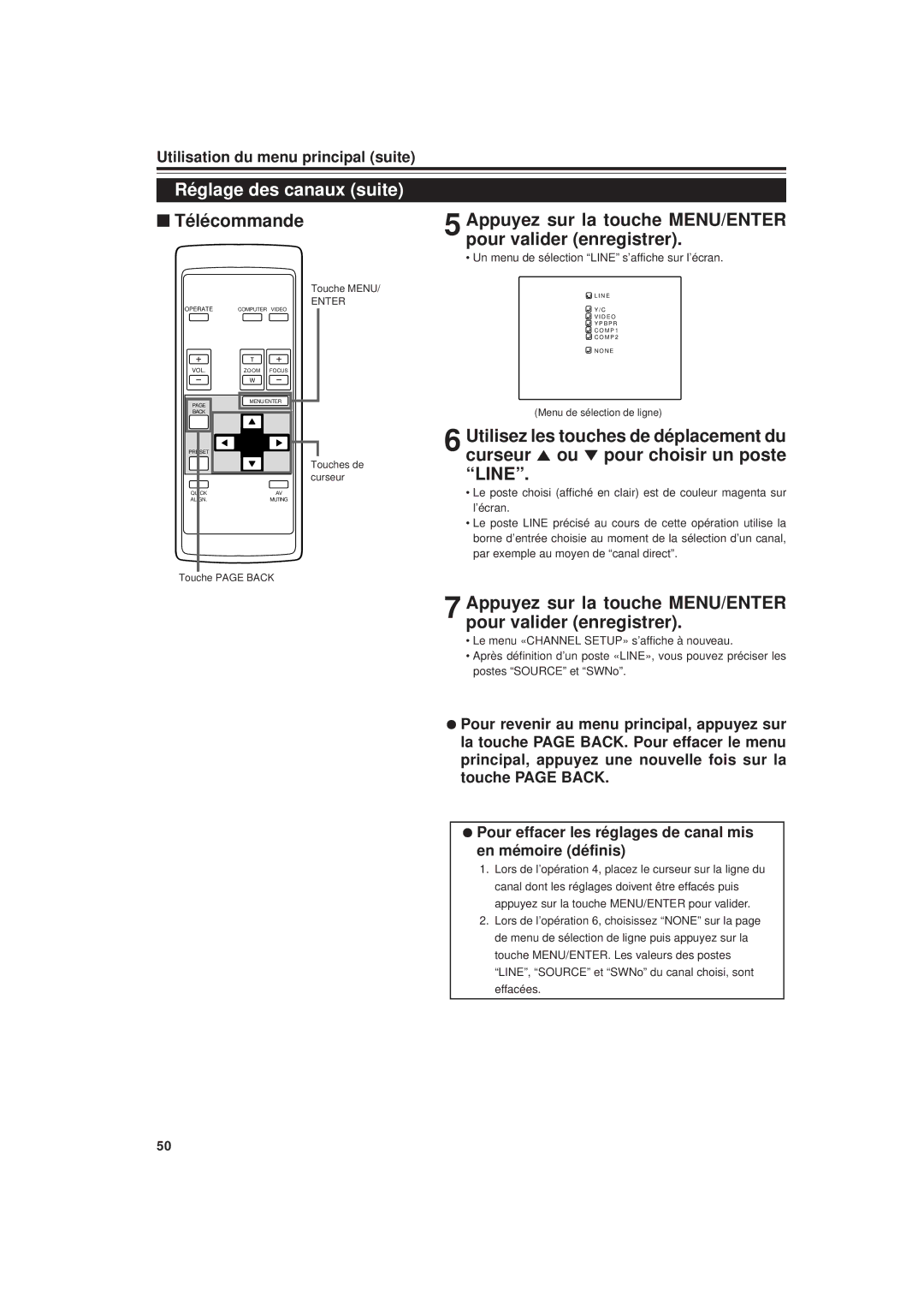 JVC DLA-G20U manual Réglage des canaux suite, Un menu de sélection Line s’affiche sur l’écran, Menu de sélection de ligne 