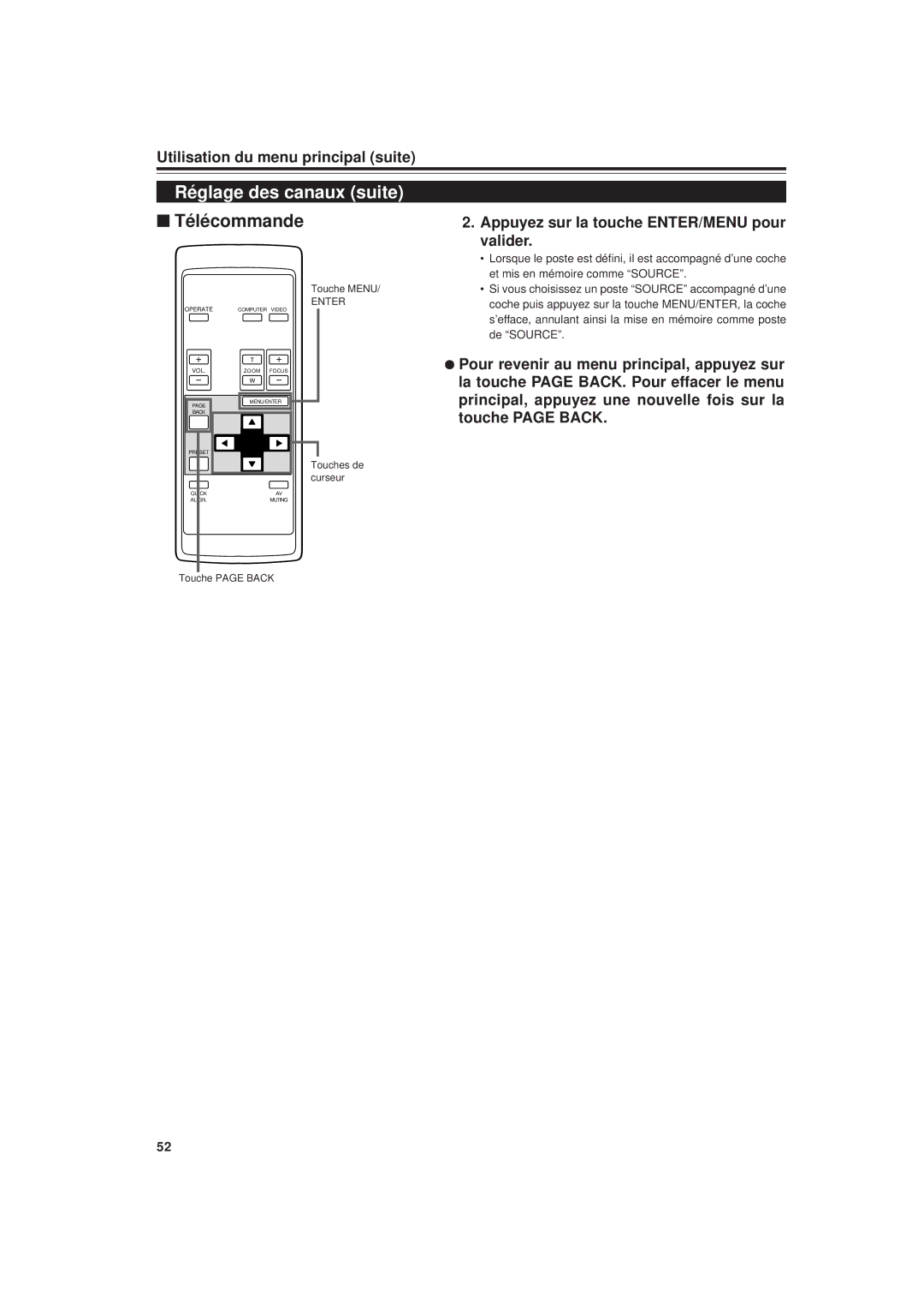 JVC DLA-G20U manual Appuyez sur la touche ENTER/MENU pour valider 