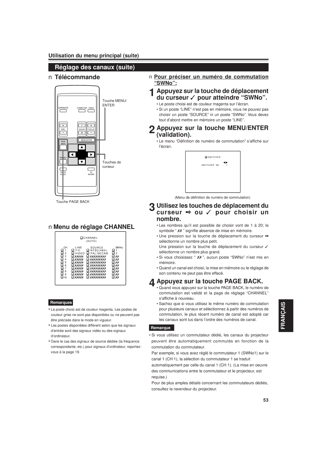 JVC DLA-G20U manual Appuyez sur la touche MENU/ENTER validation, Appuyez sur la touche page Back 