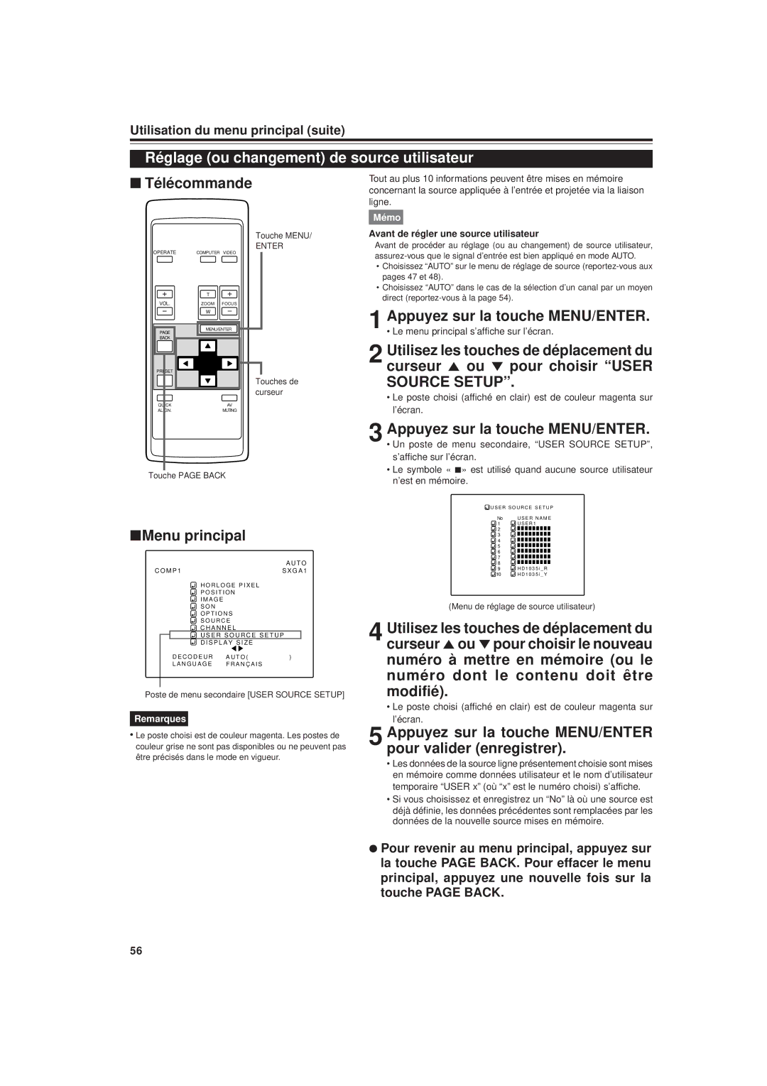 JVC DLA-G20U manual Réglage ou changement de source utilisateur, Avant de régler une source utilisateur 