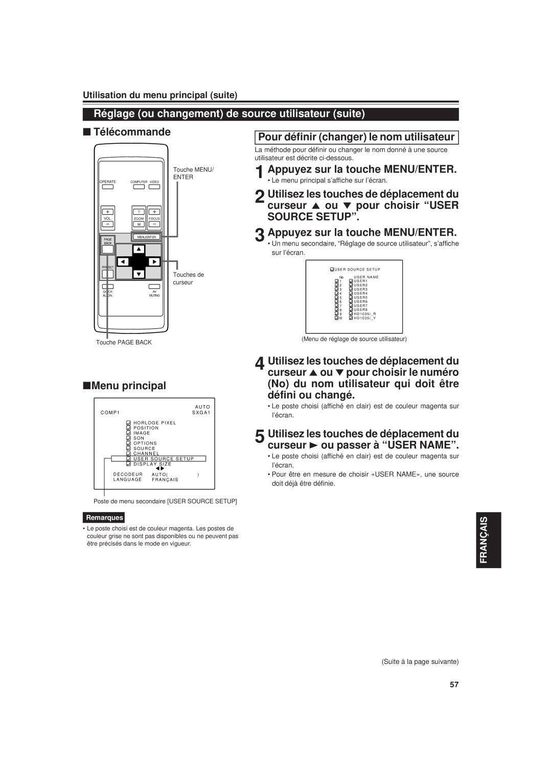 JVC DLA-G20U Réglage ou changement de source utilisateur suite, Curseur 5 ou ∞ pour choisir User, Sur l’écran, Touches de 