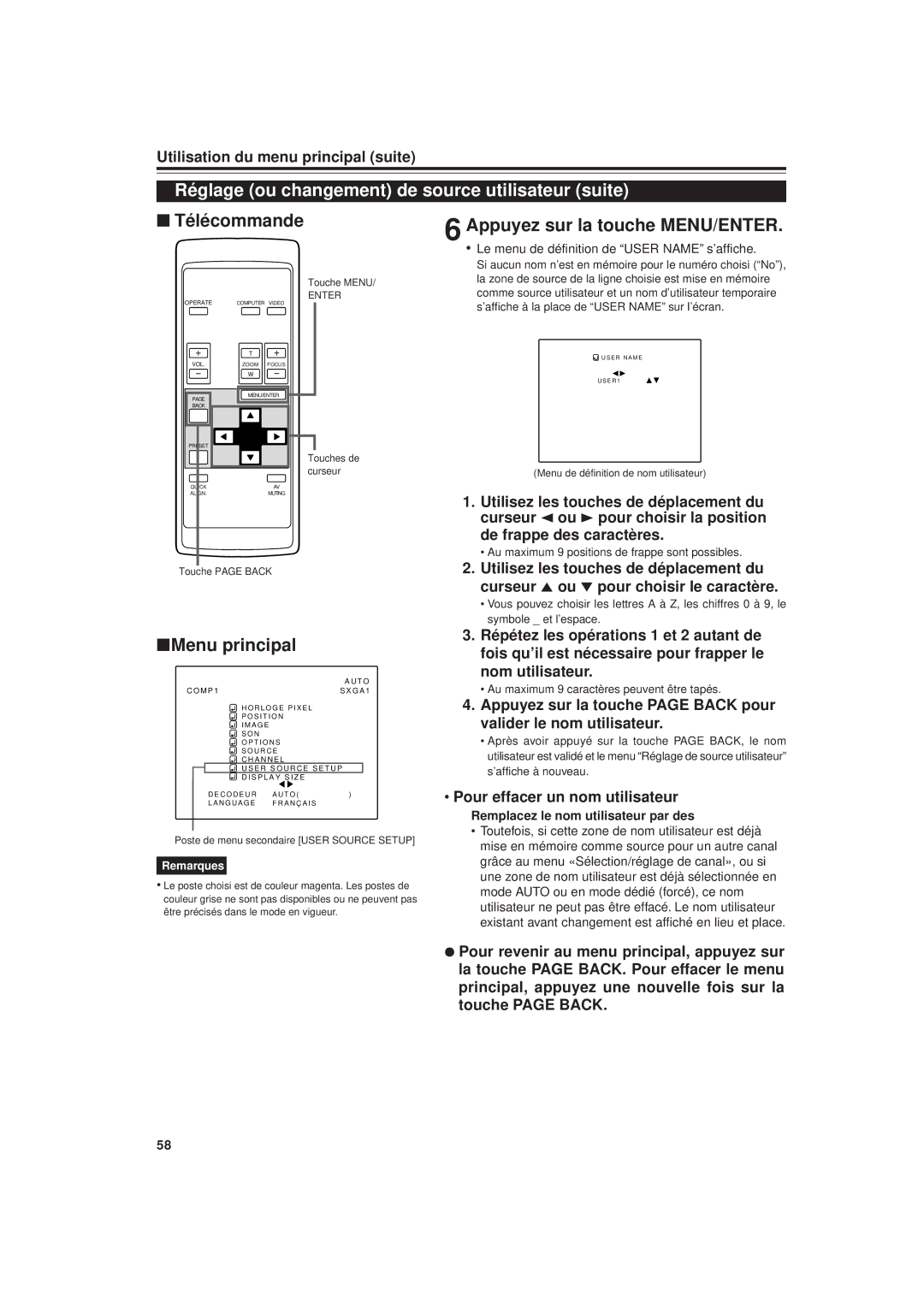 JVC DLA-G20U manual Utilisez les touches de déplacement du, Curseur 5 ou ∞ pour choisir le caractère 