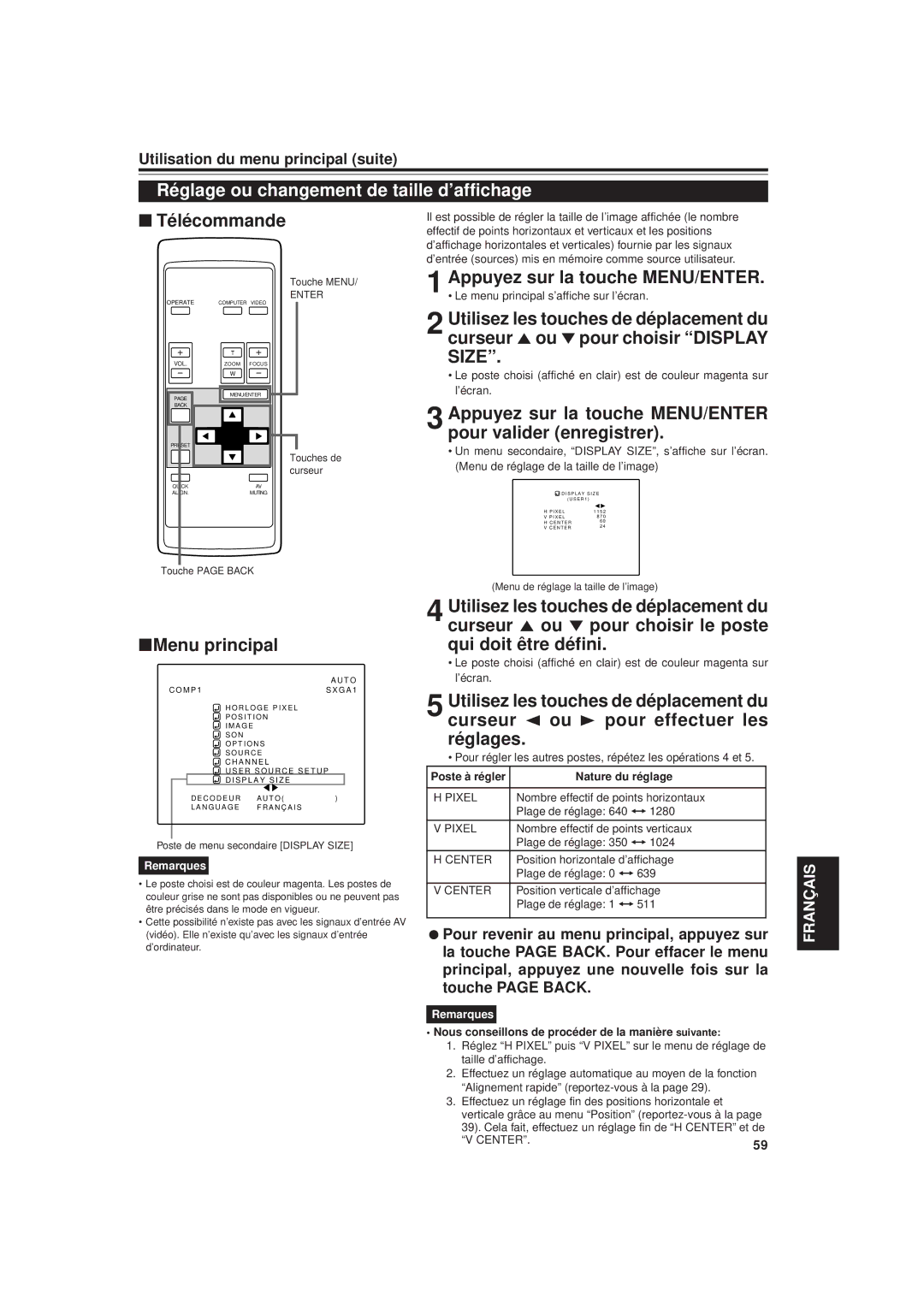 JVC DLA-G20U manual Réglage ou changement de taille d’affichage, Poste à régler Nature du réglage 