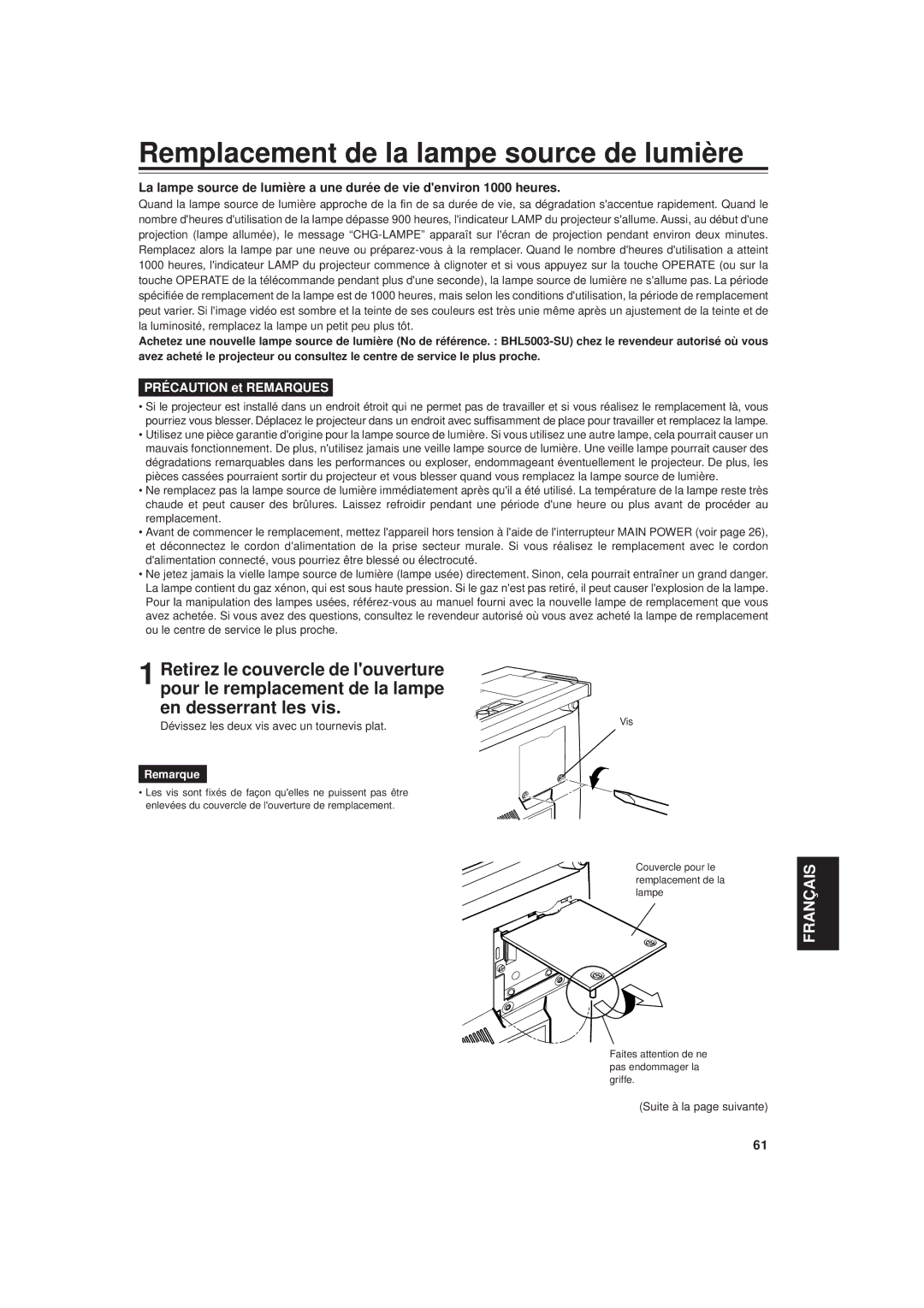 JVC DLA-G20U manual Remplacement de la lampe source de lumière, Dévissez les deux vis avec un tournevis plat 