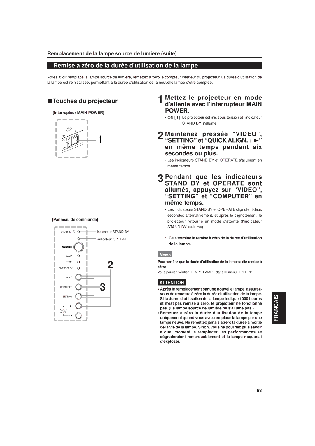 JVC DLA-G20U manual Remise à zéro de la durée dutilisation de la lampe, Touches du projecteur 