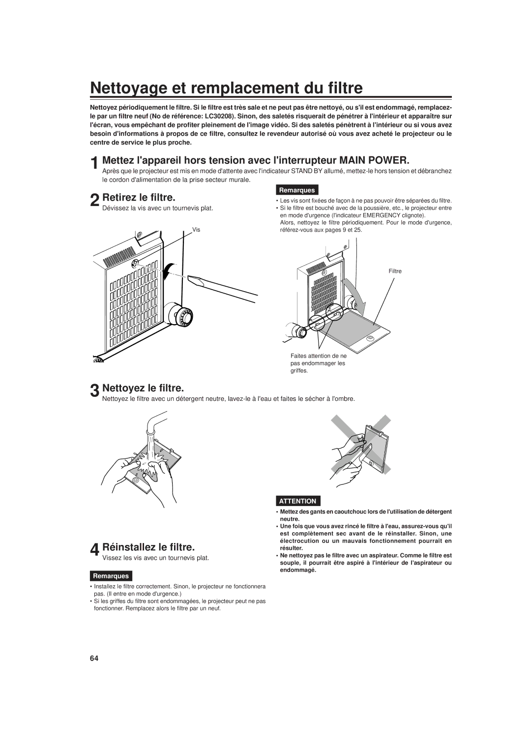 JVC DLA-G20U manual Nettoyez le filtre, Réinstallez le filtre, Vissez les vis avec un tournevis plat 