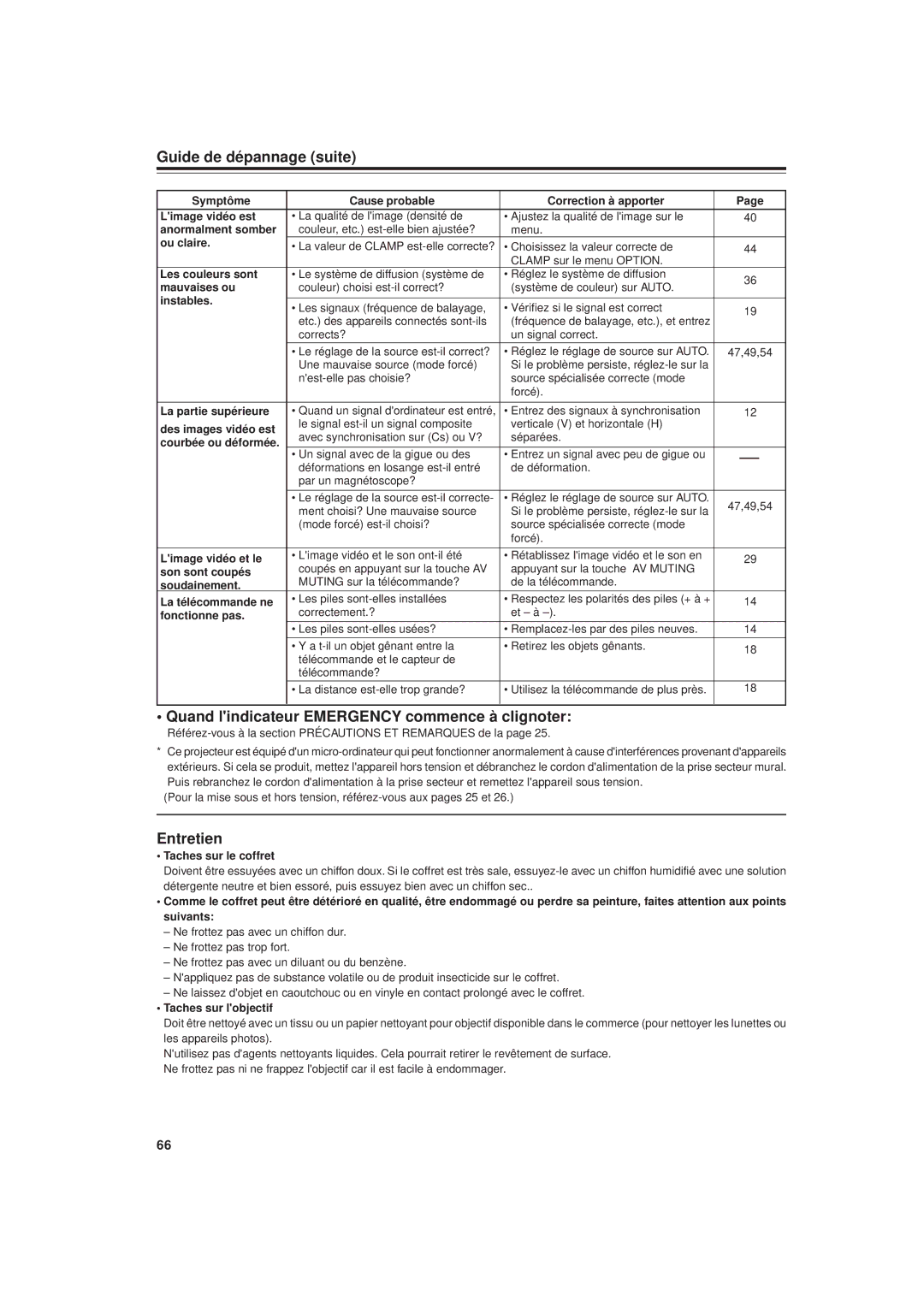 JVC DLA-G20U manual Guide de dépannage suite, Quand lindicateur Emergency commence à clignoter, Entretien 