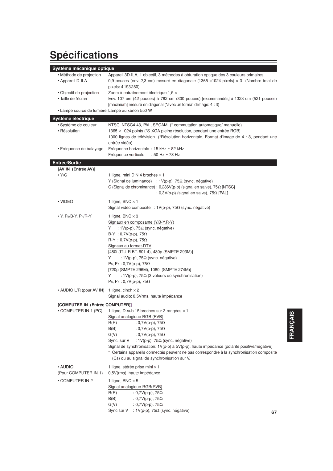 JVC DLA-G20U manual Spécifications, AV in Entrée AV, Computer in Entrée Computer 