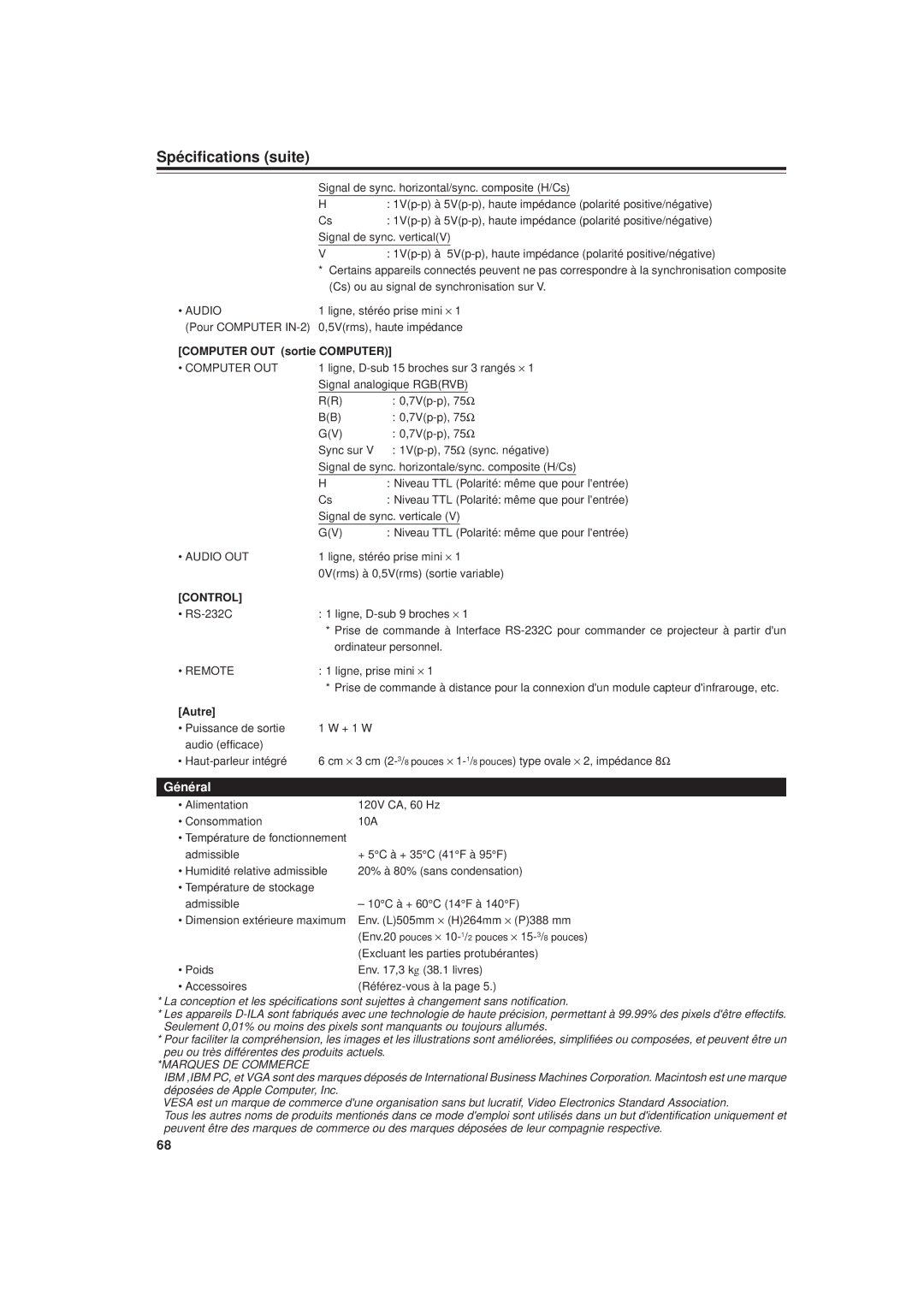 JVC DLA-G20U manual Spécifications suite, Computer OUT sortie Computer, Autre 