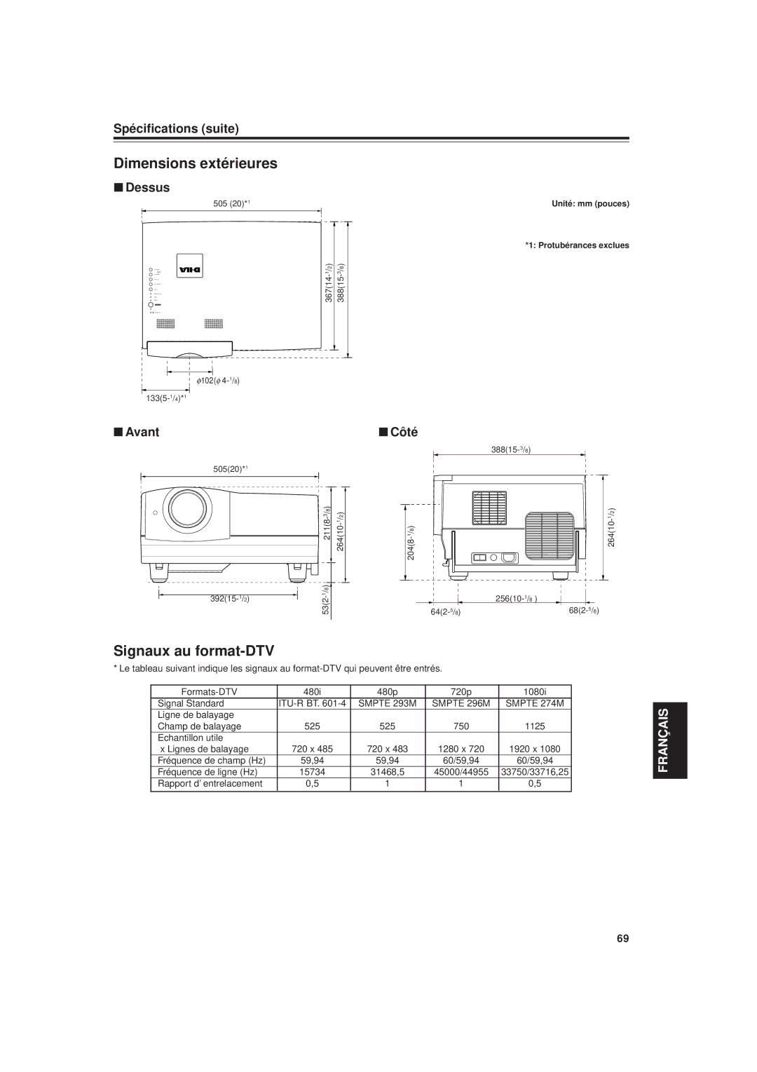 JVC DLA-G20U manual Dimensions extérieures, Signaux au format-DTV, Dessus, Avant, Côté 