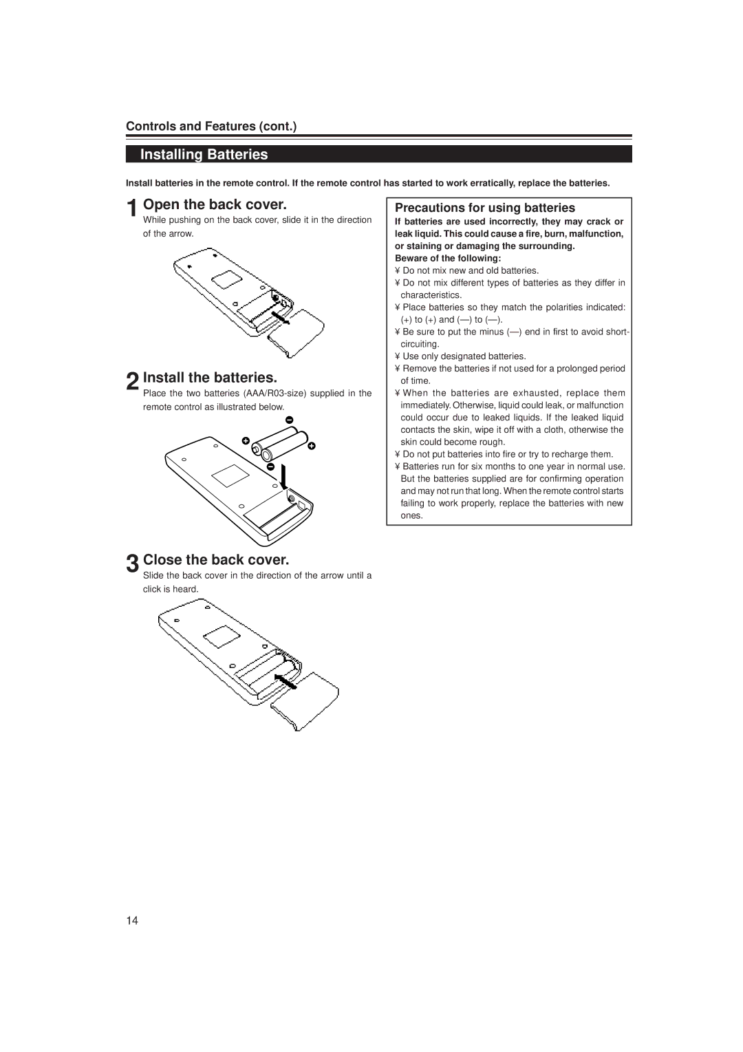 JVC DLA-G20U manual Installing Batteries, Open the back cover, Install the batteries, Close the back cover 