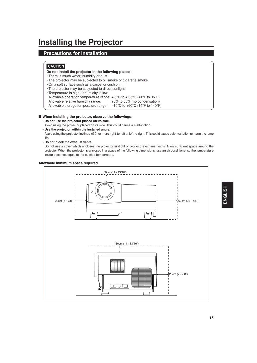 JVC DLA-G20U Installing the Projector, Precautions for Installation, Do not install the projector in the following places 