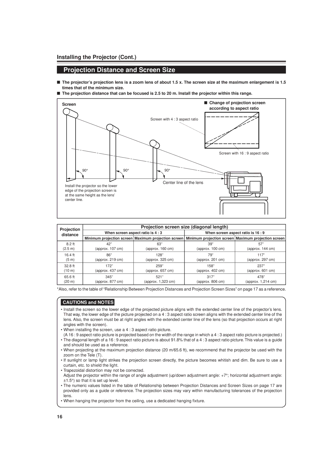 JVC DLA-G20U manual Projection Distance and Screen Size, Projection screen size diagonal length, Center line of the lens 