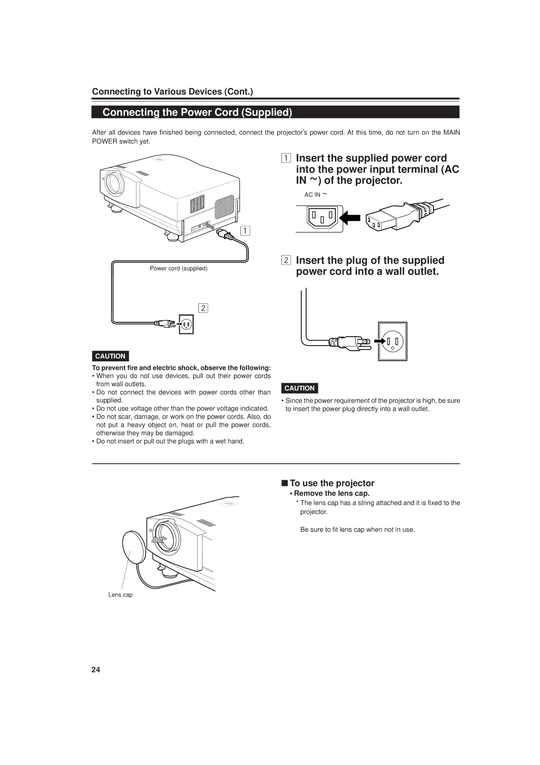 JVC DLA-G20U manual Connecting the Power Cord Supplied, To use the projector, Remove the lens cap 