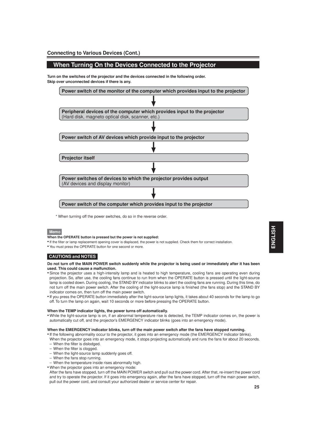 JVC DLA-G20U manual When Turning On the Devices Connected to the Projector 