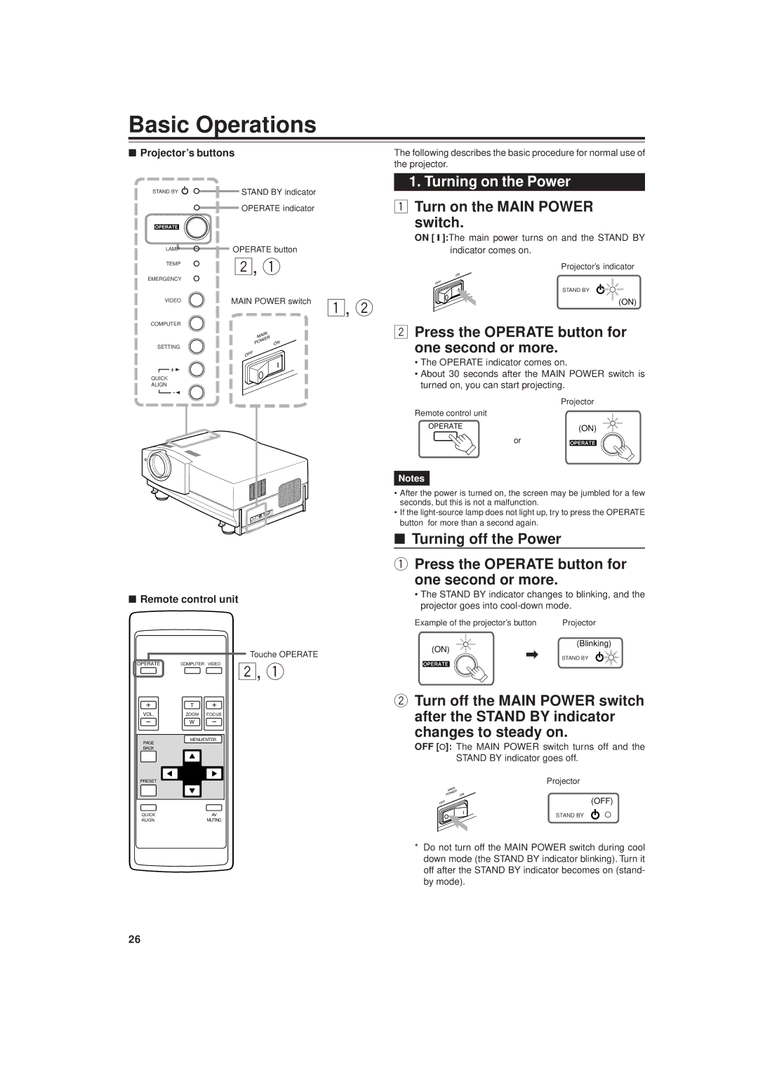 JVC DLA-G20U manual Basic Operations, Turning on the Power, Turn on the Main Power switch, Changes to steady on 