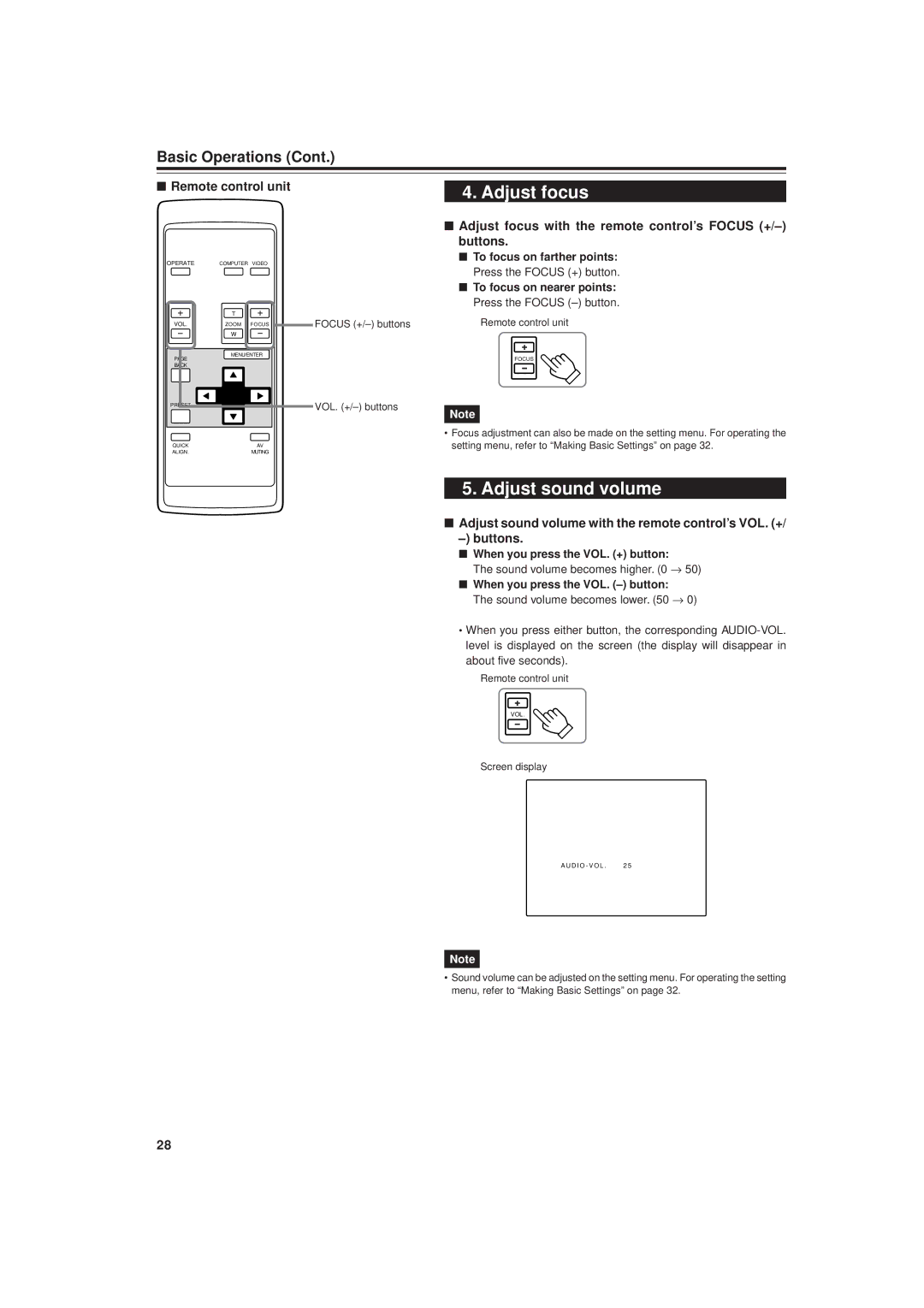 JVC DLA-G20U manual Adjust sound volume, Adjust focus with the remote control’s Focus +, Buttons 