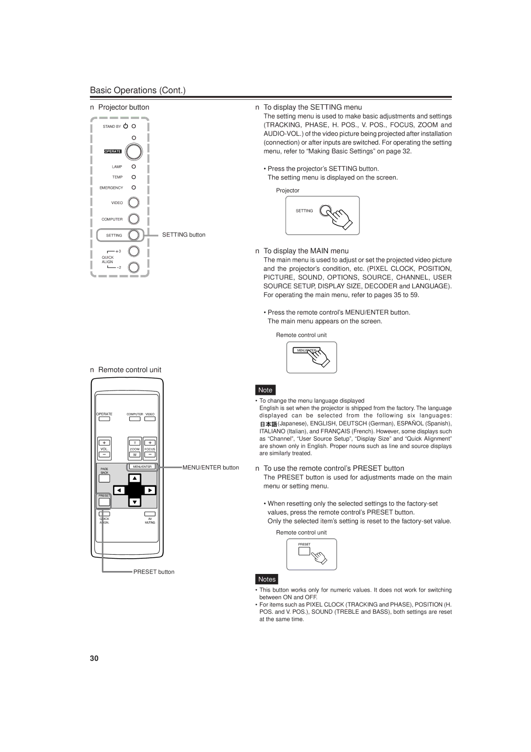 JVC DLA-G20U manual Projector button, To display the Setting menu, To display the Main menu 