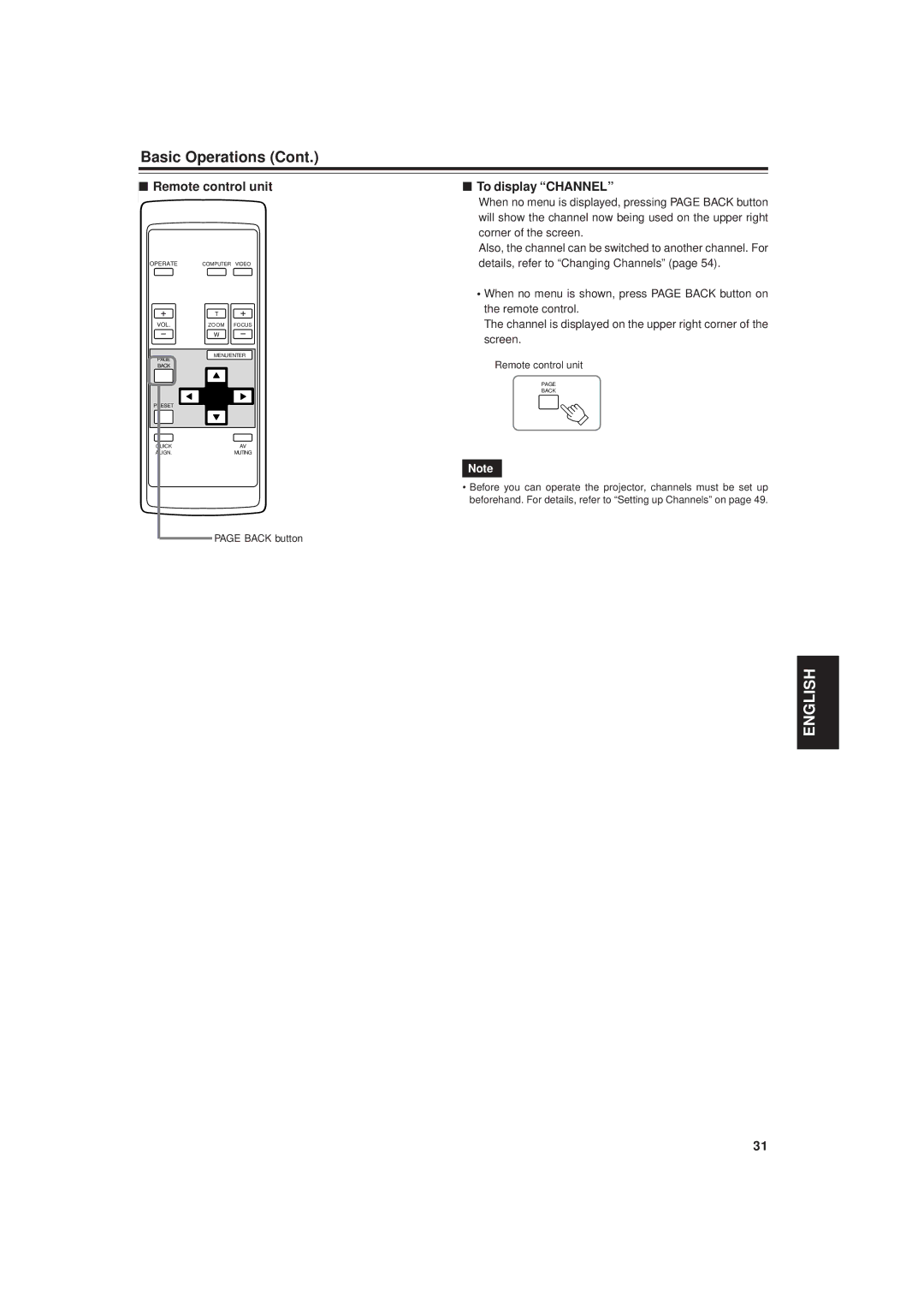 JVC DLA-G20U manual To display Channel, Back button 