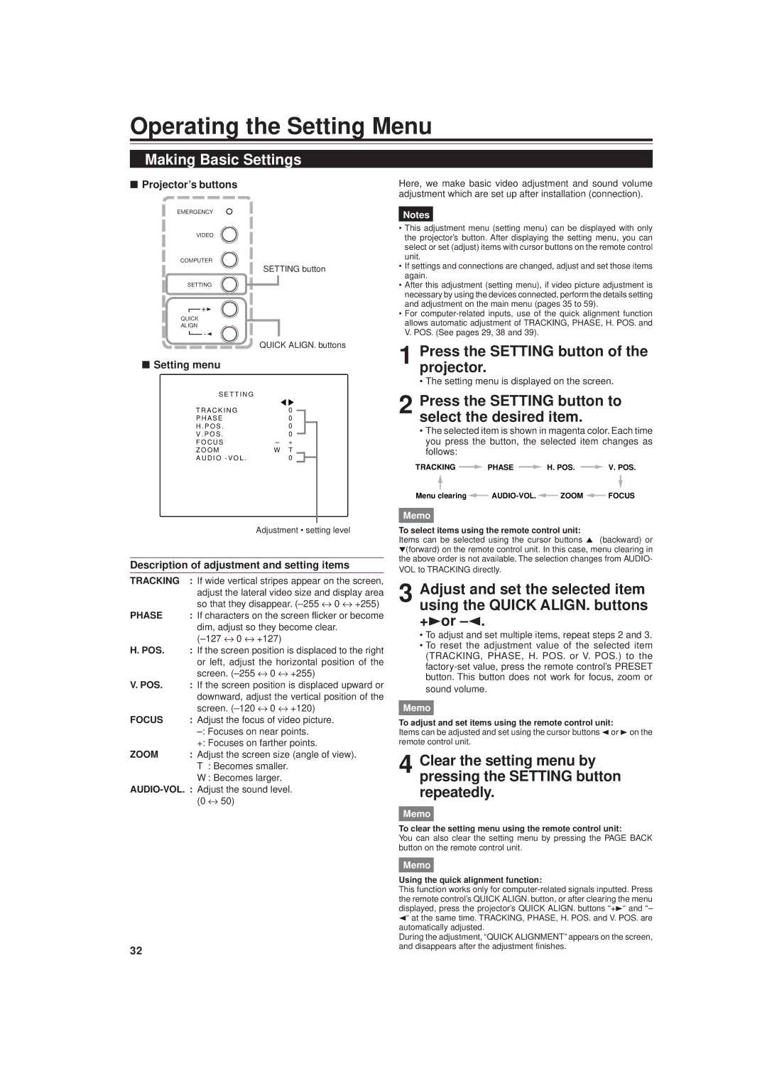 JVC DLA-G20U manual Operating the Setting Menu, Making Basic Settings, Press the Setting button of the projector 