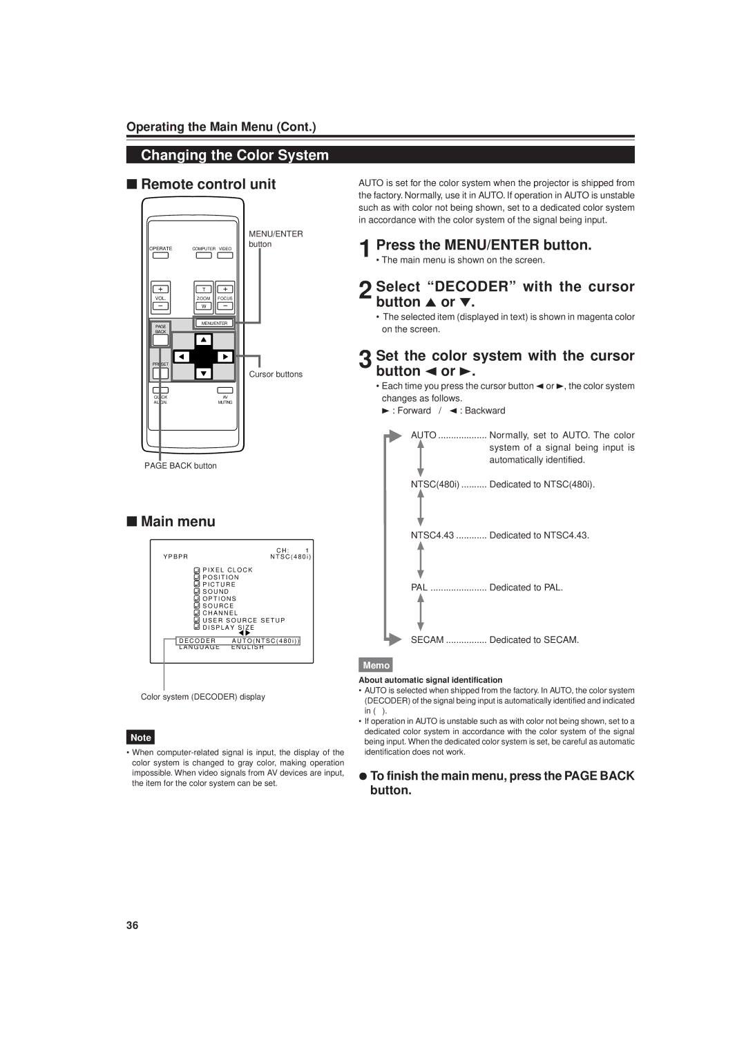 JVC DLA-G20U manual Changing the Color System, Select Decoder with the cursor button 5 or ∞ 