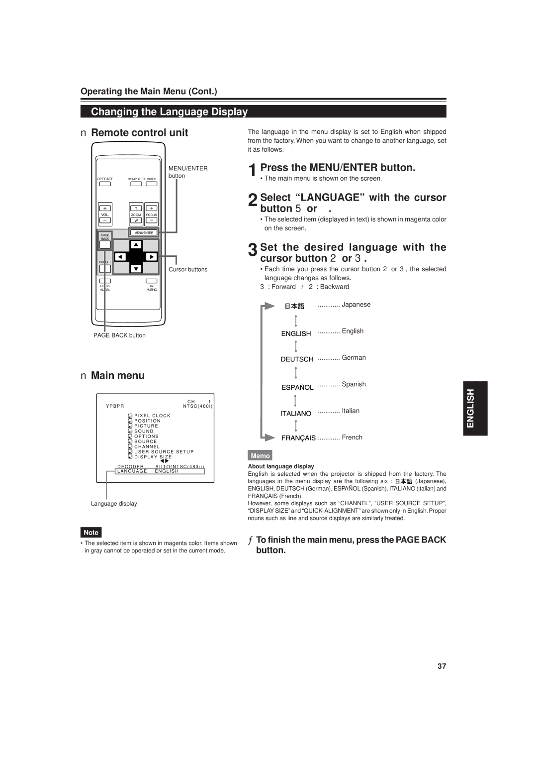 JVC DLA-G20U manual Changing the Language Display, Select Language with the cursor button 5 or ∞, Button 