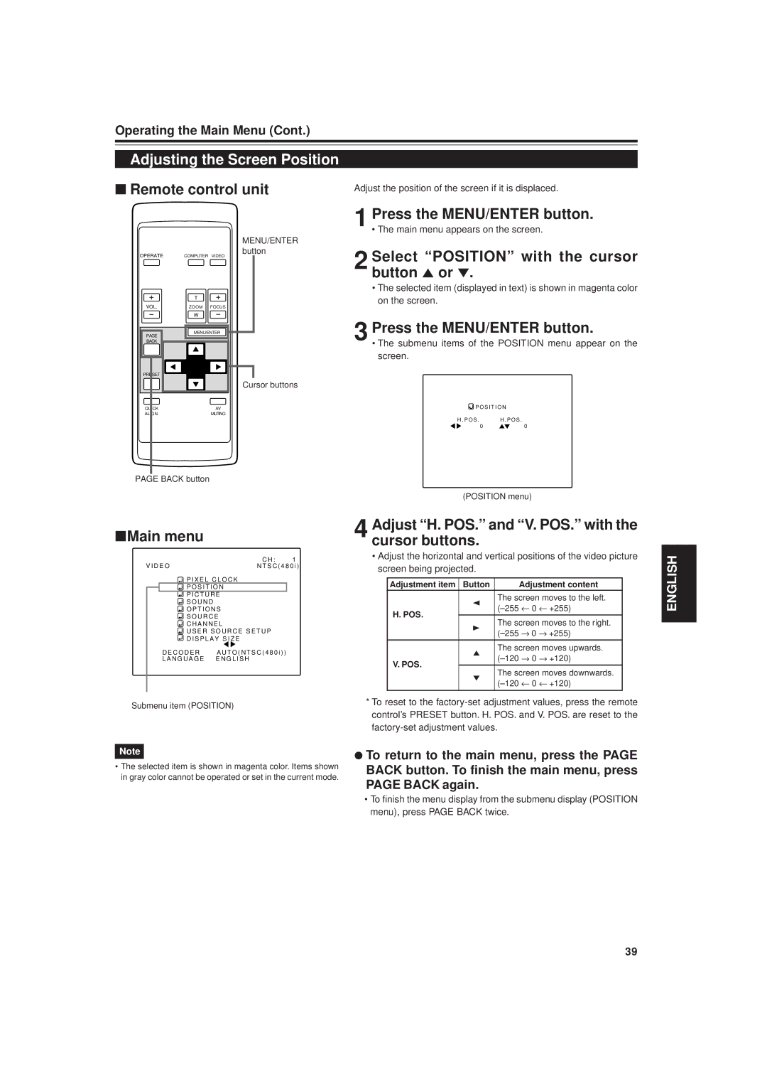 JVC DLA-G20U manual Adjusting the Screen Position, Adjust H. POS. and V. POS. with the cursor buttons, Back again 