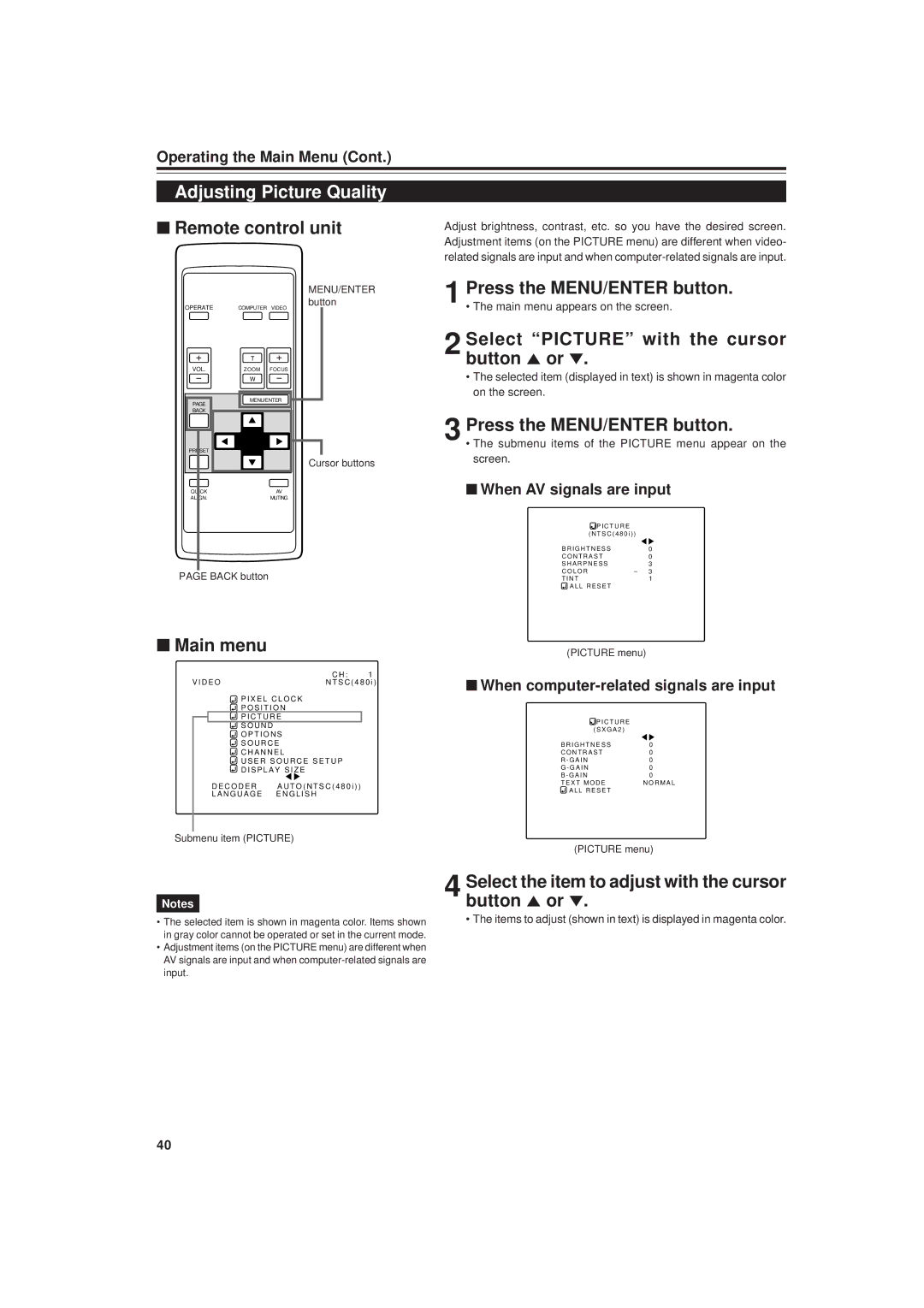 JVC DLA-G20U manual Adjusting Picture Quality, Select Picture with the cursor button 5 or ∞, When AV signals are input 