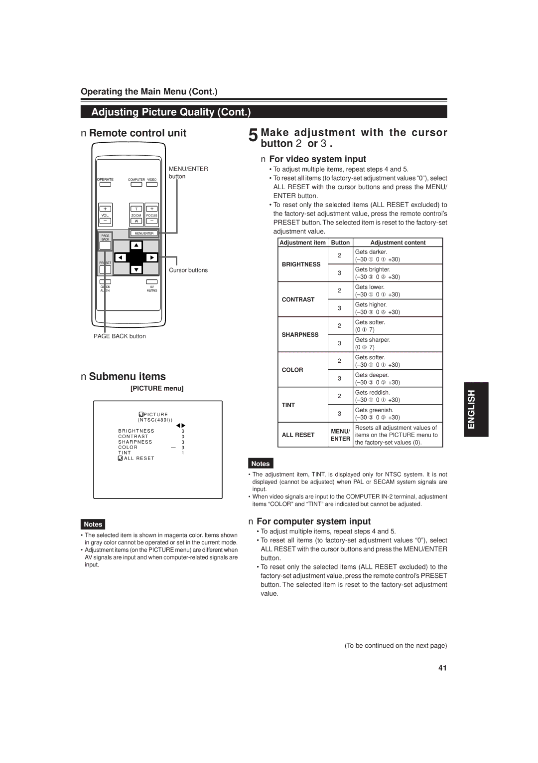 JVC DLA-G20U manual Submenu items, For video system input, For computer system input, Picture menu 