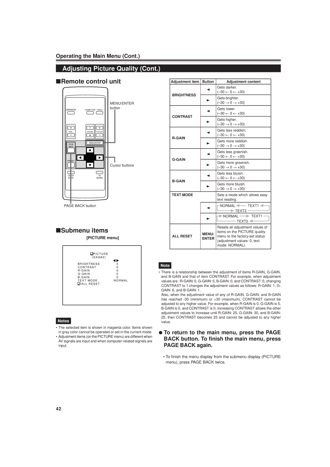 JVC DLA-G20U 30 ← 0 ← +30 Gets brighter 30 → 0 → +30 Gets lower, 30 ← 0 ← +30 Gets higher 30 → 0 → +30 Gets less reddish 