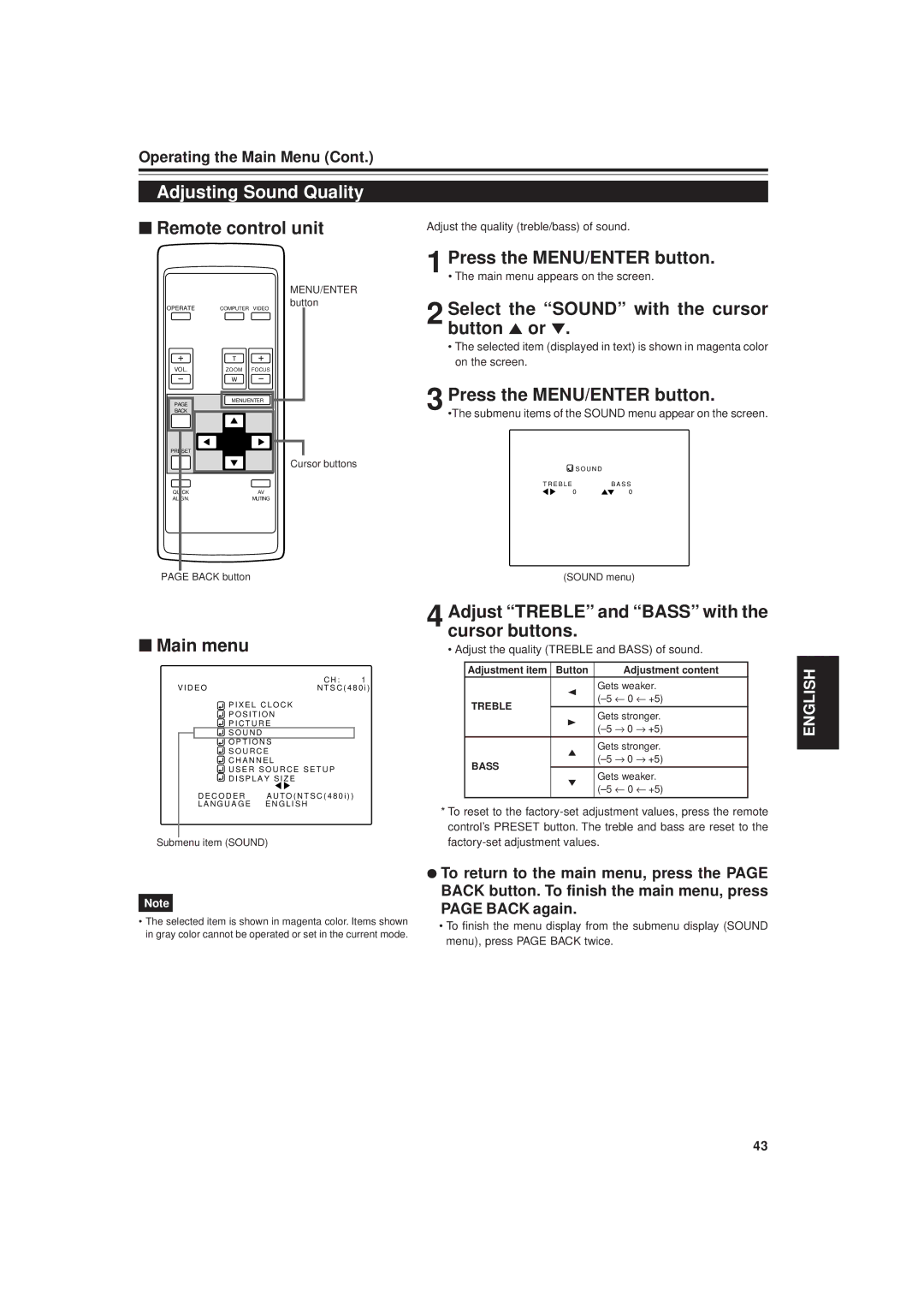 JVC DLA-G20U manual Adjusting Sound Quality, Select the Sound with the cursor, Button 5 or ∞ 