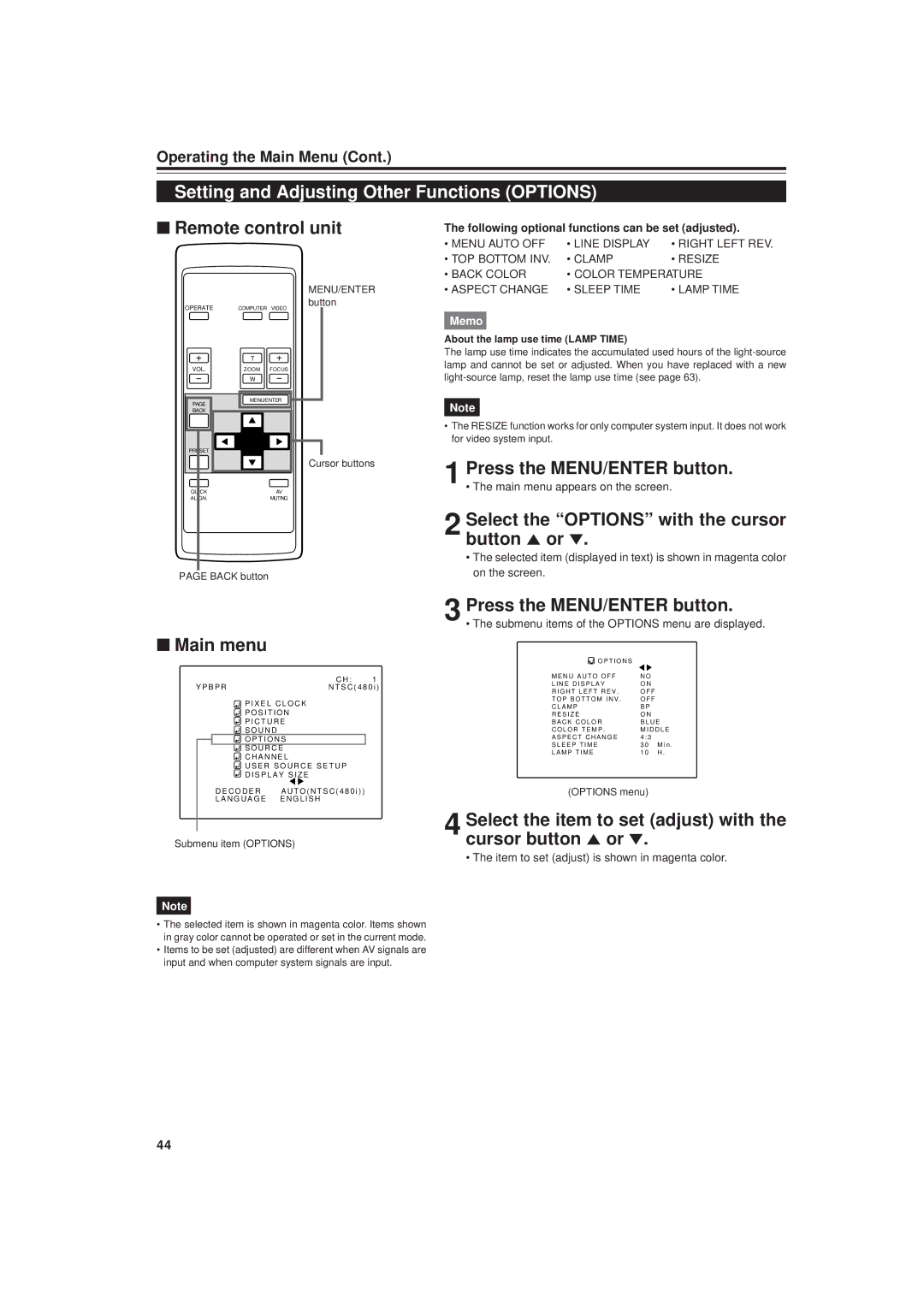 JVC DLA-G20U manual Setting and Adjusting Other Functions Options, Select the Options with the cursor button 5 or ∞ 