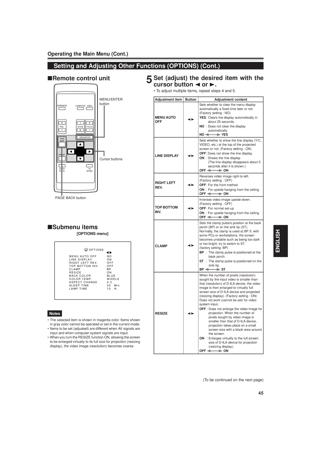 JVC DLA-G20U manual Set adjust the desired item with the cursor button 2 or, Options menu 