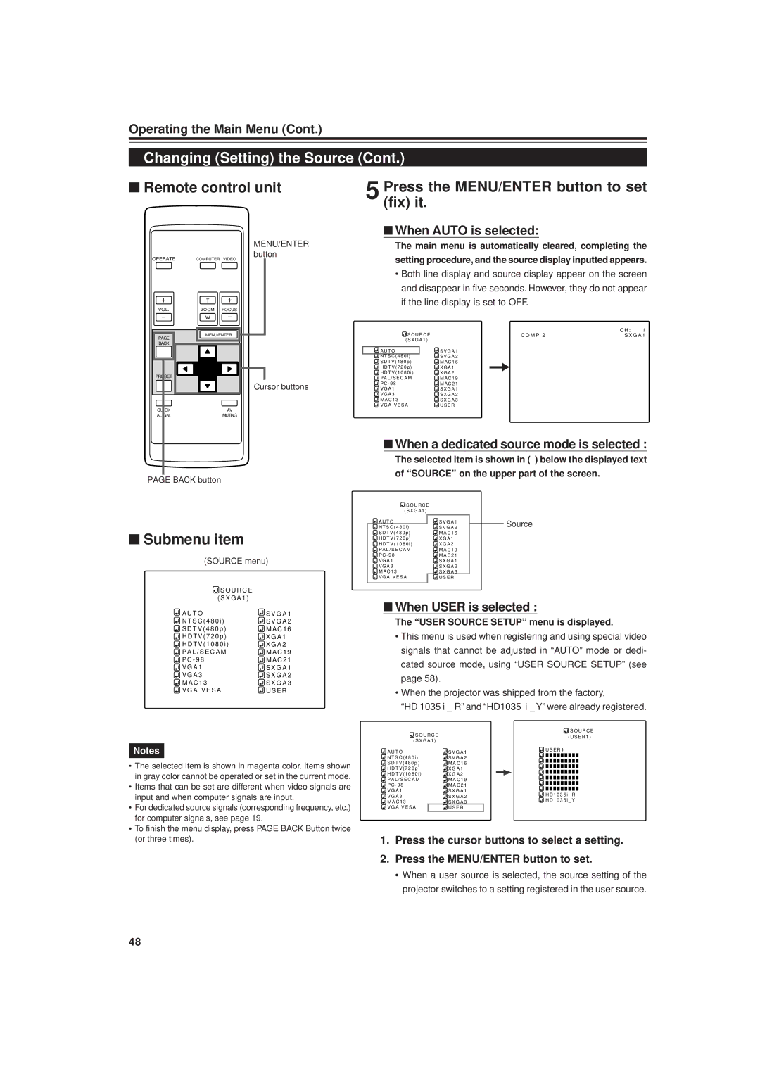 JVC DLA-G20U Fix it, Submenu item, When Auto is selected, When a dedicated source mode is selected, When User is selected 