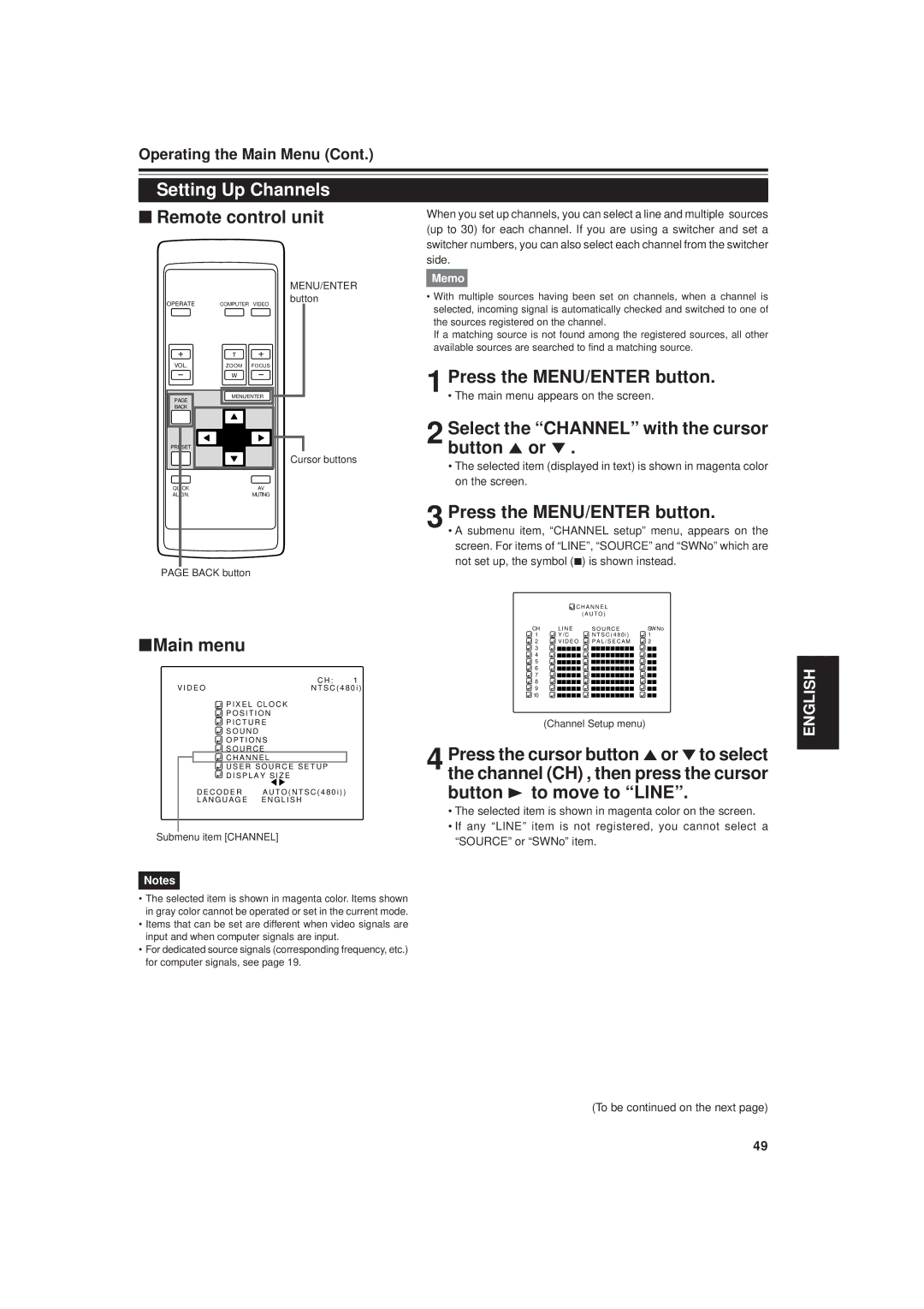 JVC DLA-G20U manual Setting Up Channels, Select the Channel with the cursor button 5 or ∞, Submenu item Channel 