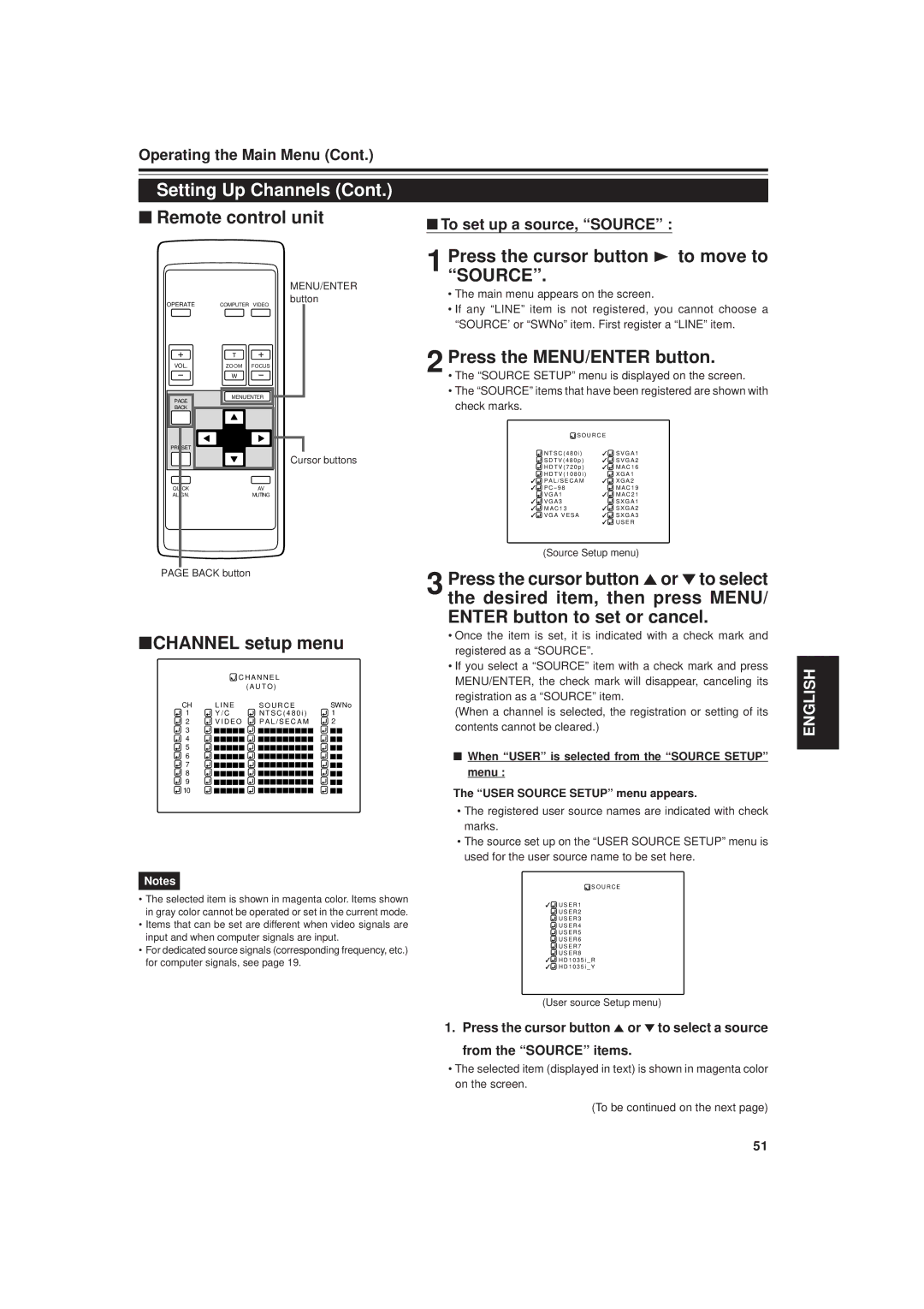 JVC DLA-G20U manual Channel setup menu, If any Line item is not registered, you cannot choose a, Check marks 