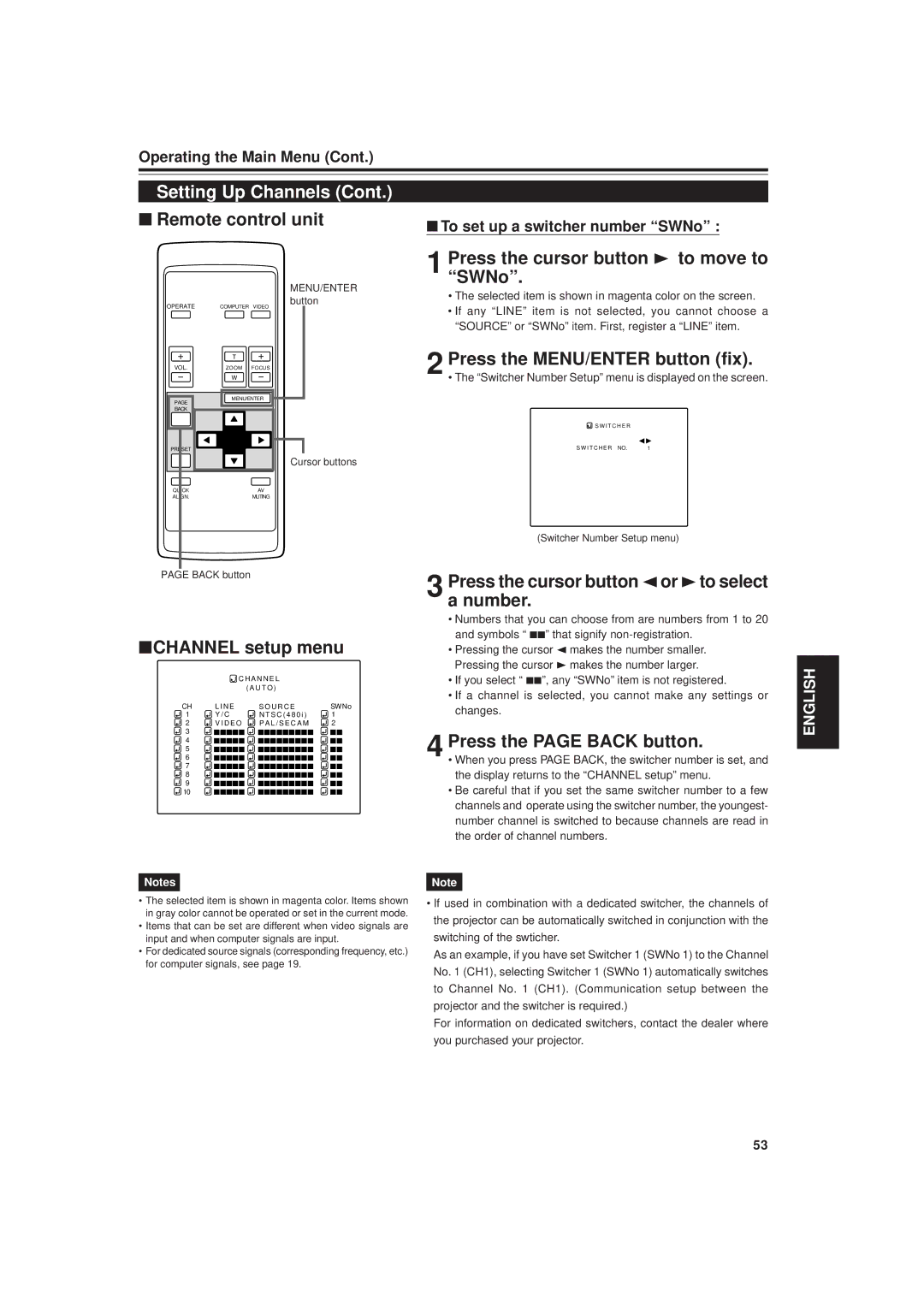 JVC DLA-G20U manual Press the cursor button 3 to move to SWNo, Press the cursor button 2or 3to select a number 