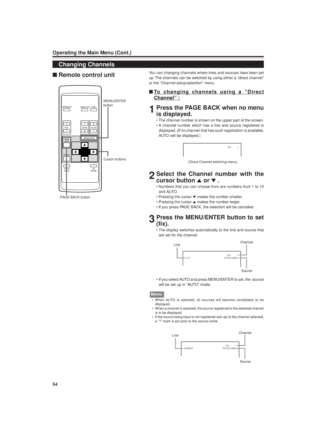 JVC DLA-G20U Changing Channels, Press the page Back when no menu is displayed, To changing channels using a Direct Channel 