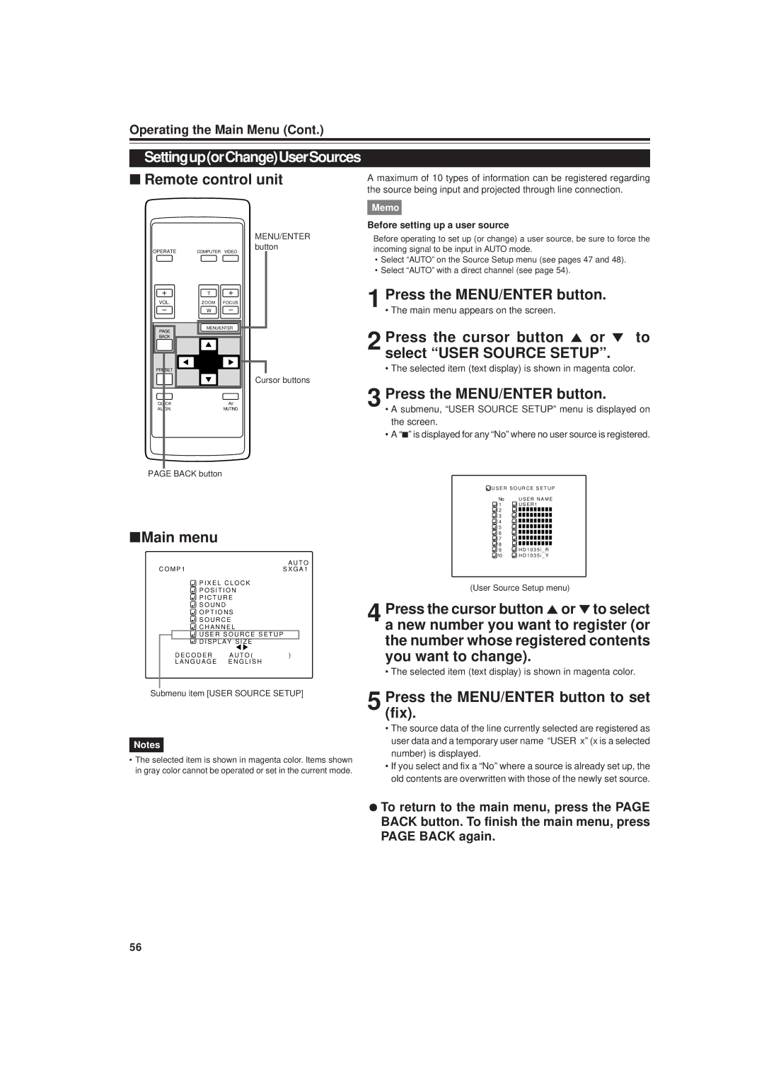 JVC DLA-G20U manual Press the cursor button 5 or ∞ to select User Source Setup, Before setting up a user source 