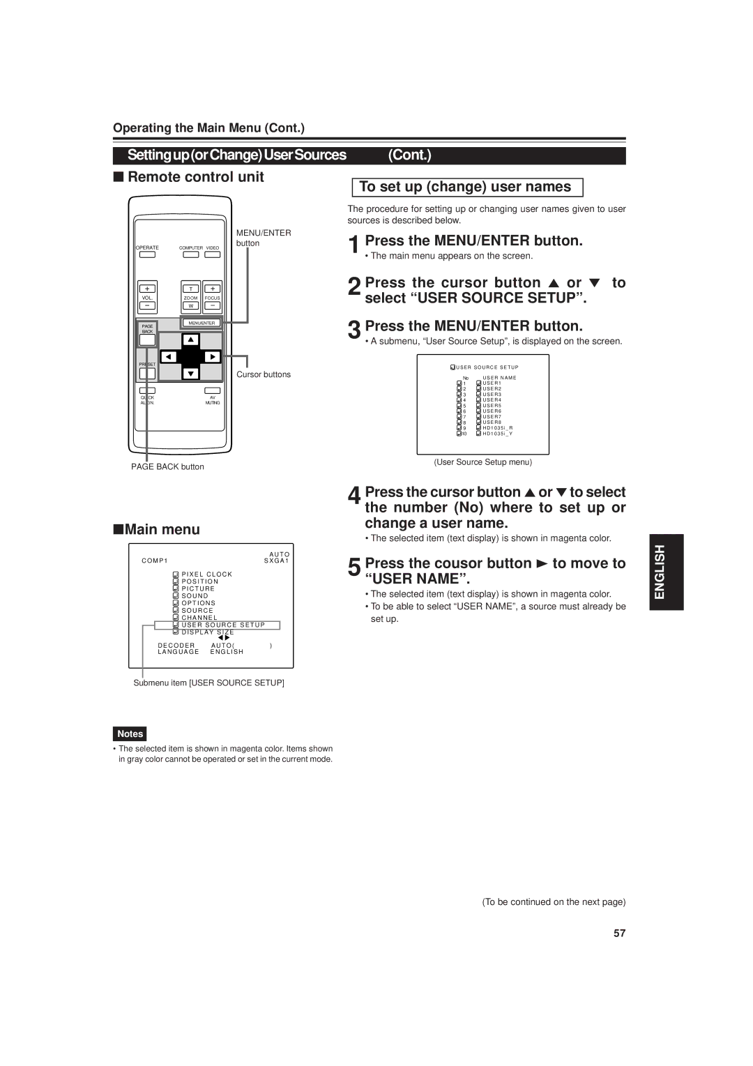 JVC DLA-G20U manual SettinguporChangeUserSources, Press the cousor button 3 to move to User Name 