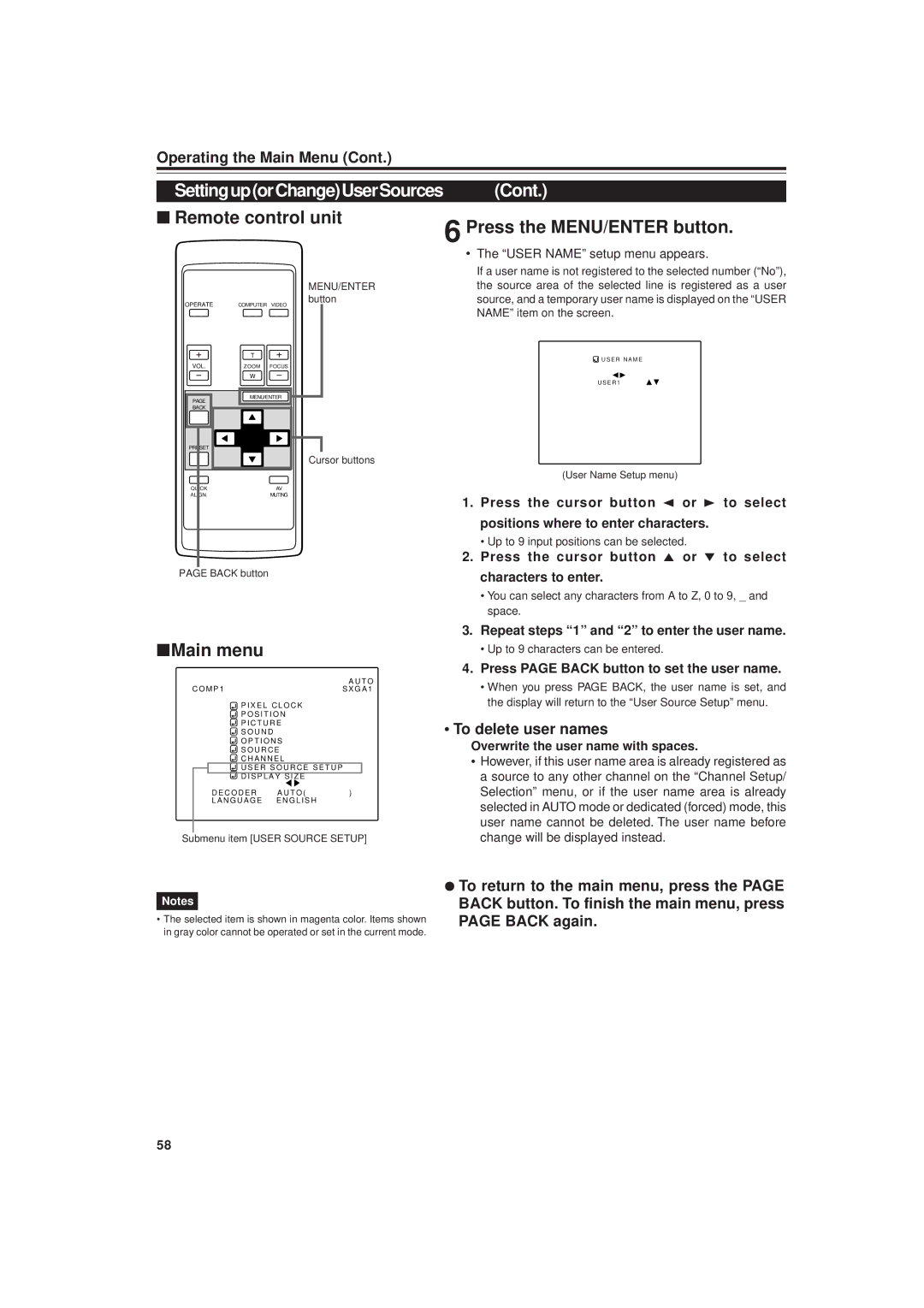 JVC DLA-G20U Cont, To delete user names, Overwrite the user name with spaces, Up to 9 input positions can be selected 