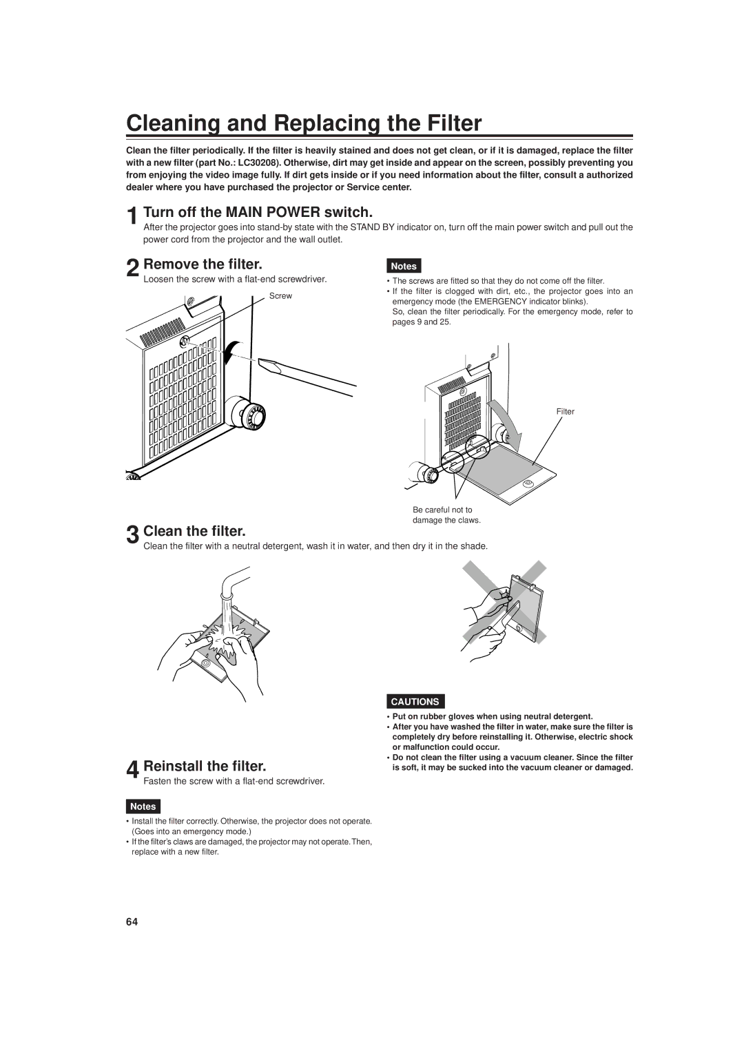 JVC DLA-G20U manual Cleaning and Replacing the Filter, Clean the filter, Reinstall the filter 