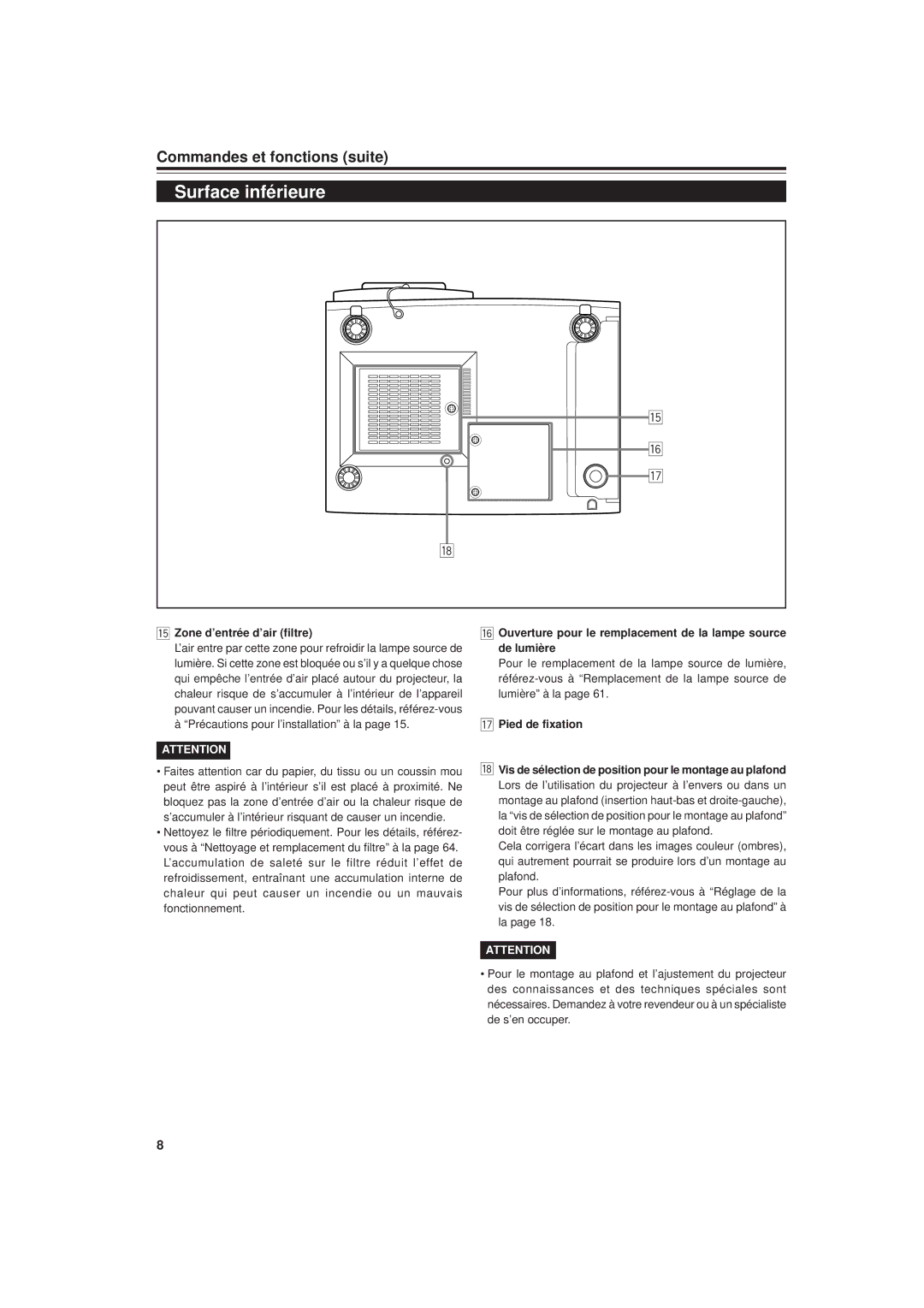 JVC DLA-G20U manual Surface inférieure, Commandes et fonctions suite, Zone d’entrée d’air filtre, Pied de fixation 