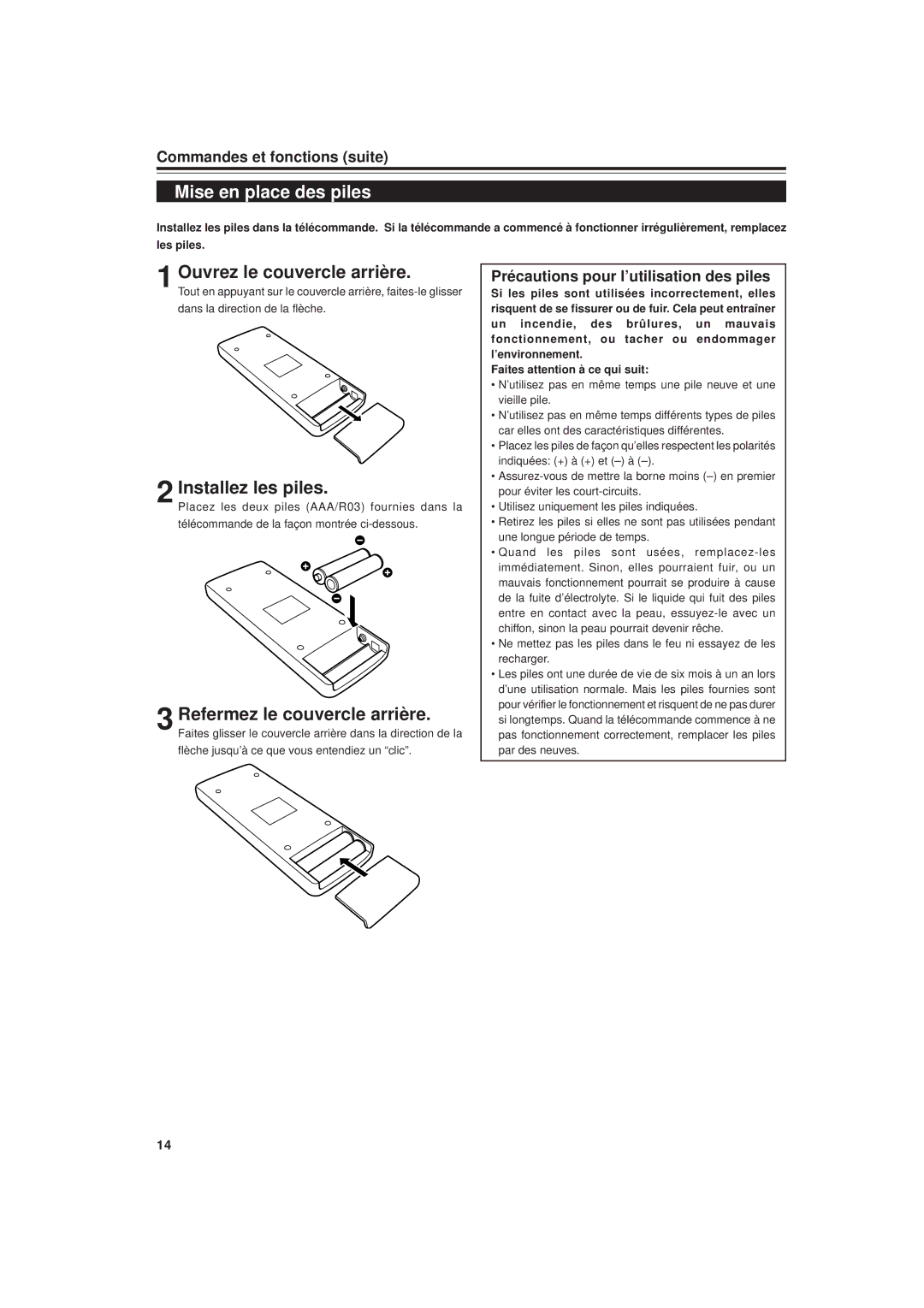 JVC DLA-G20U Mise en place des piles, Ouvrez le couvercle arrière, Installez les piles, Refermez le couvercle arrière 