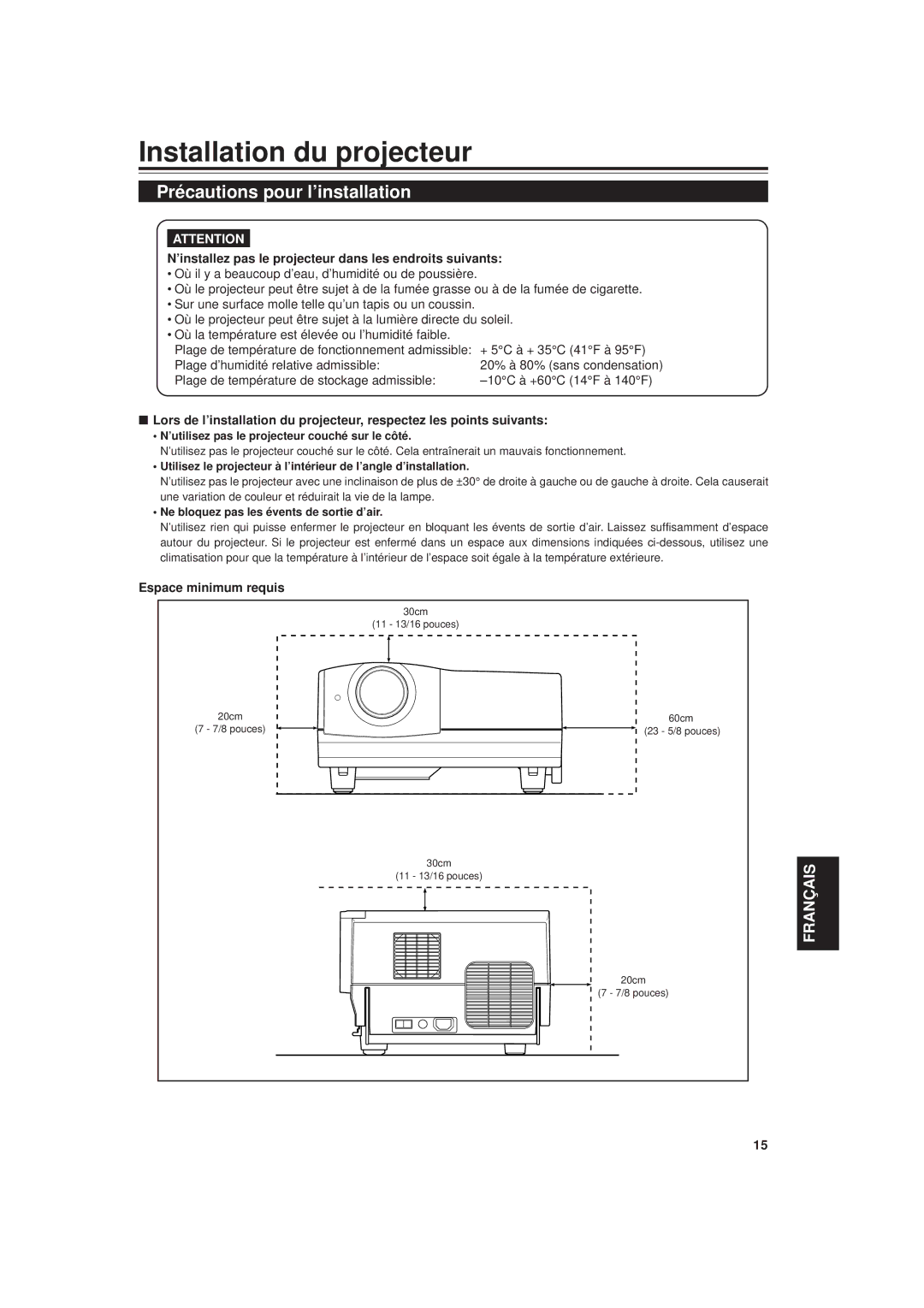 JVC DLA-G20U manual Installation du projecteur, Précautions pour l’installation, Espace minimum requis 