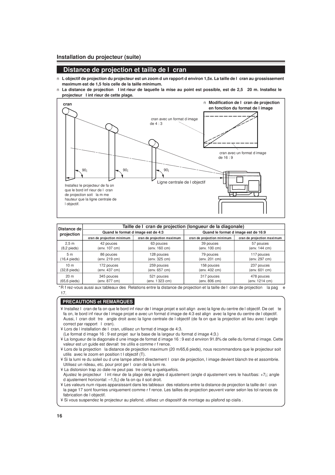 JVC DLA-G20U Distance de projection et taille de l’écran, Installation du projecteur suite, Ligne centrale de l’objectif 